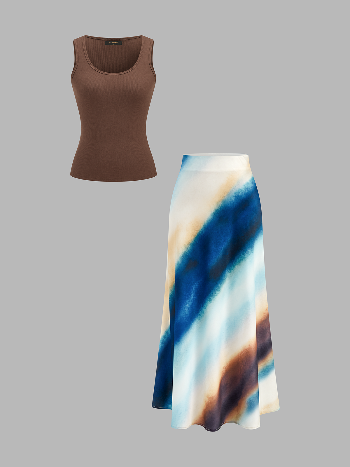 Tank Top & Ombre Watercolor Midi Skirt Set For Women Summer Outfit