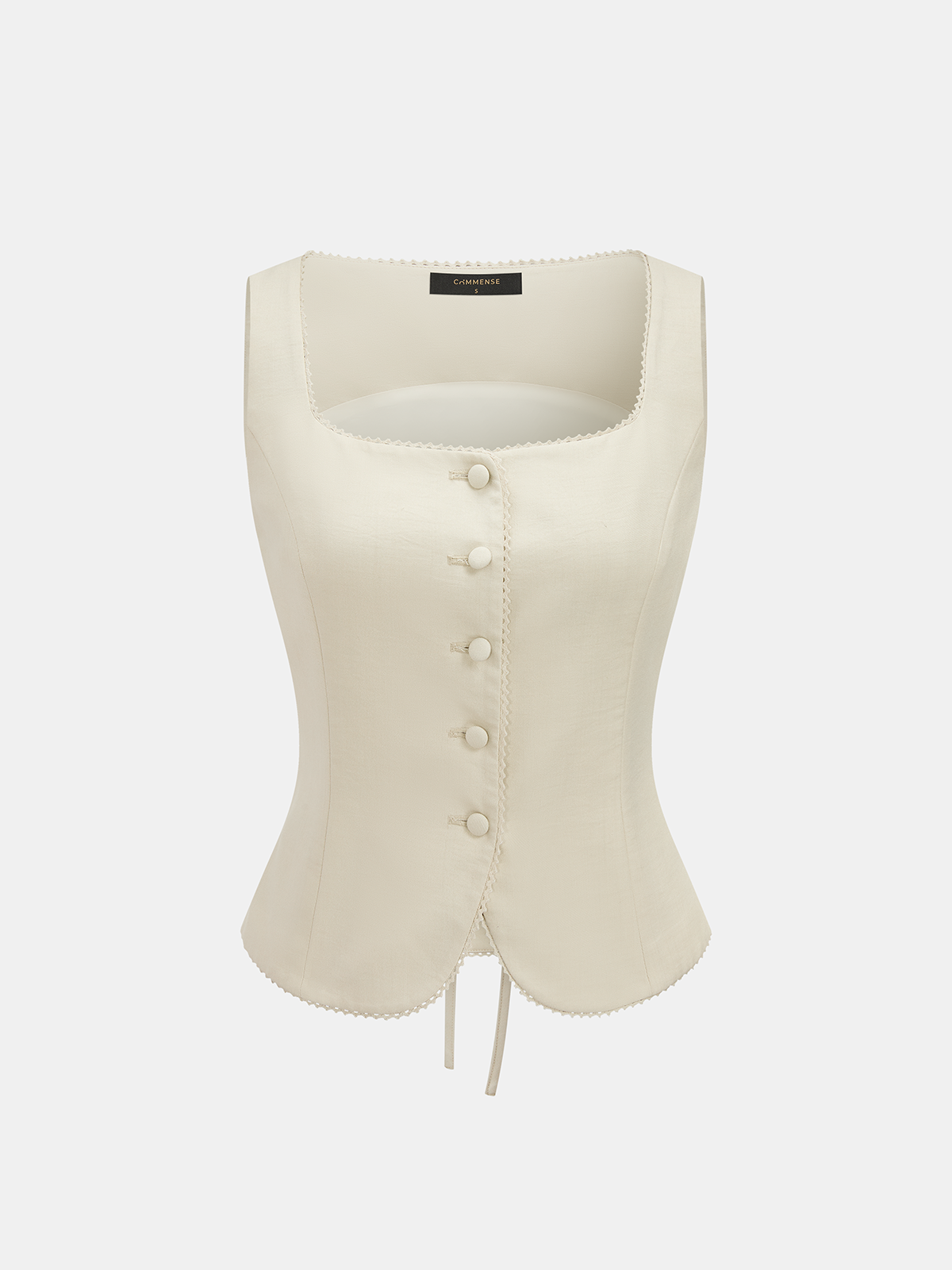 Linen Blend Square Neck Scallop Trim Vest with Adjustable Straps