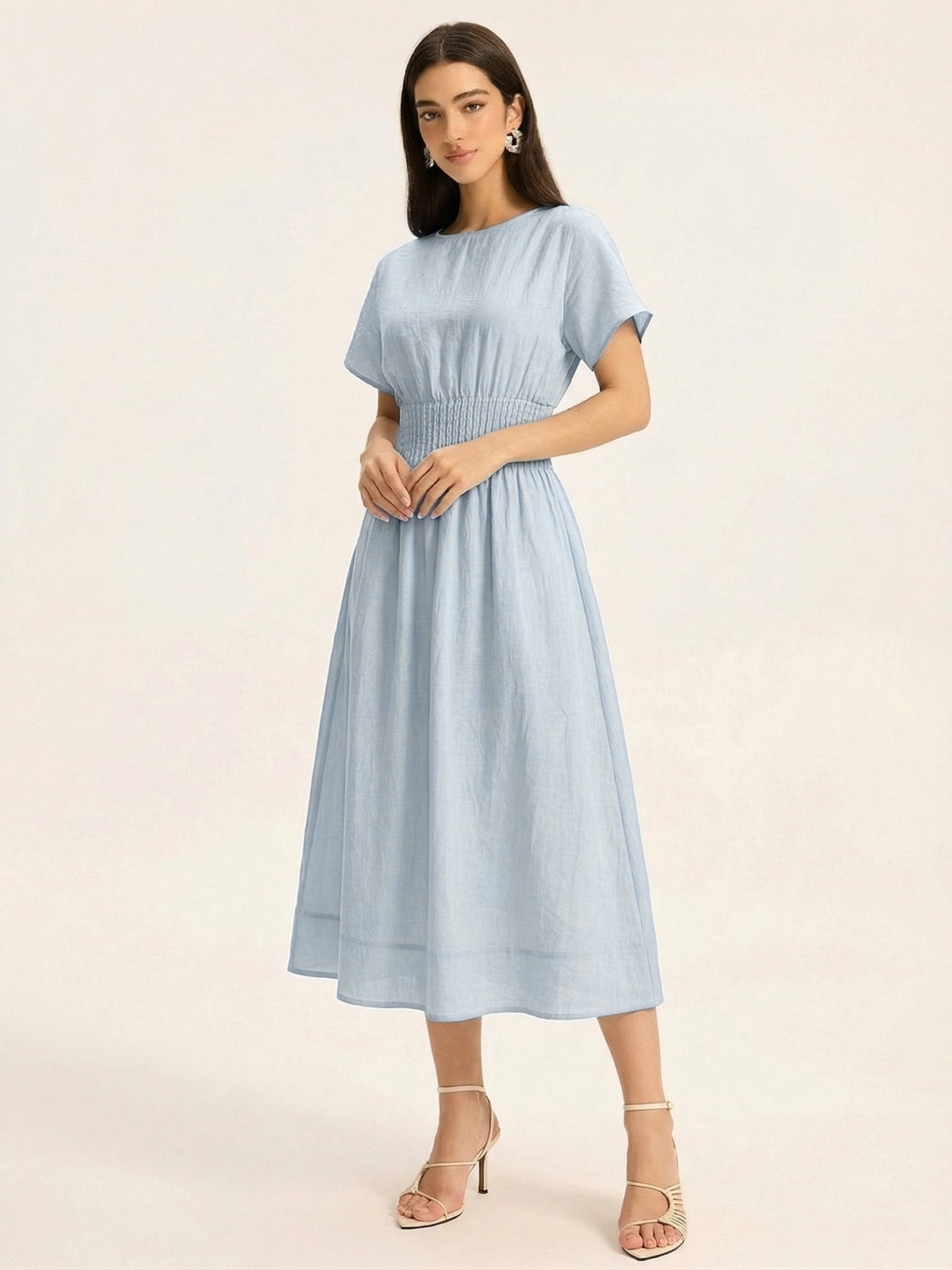 Short Sleeve Smocked Waist Midi Dress for Women Casual Spring Wear