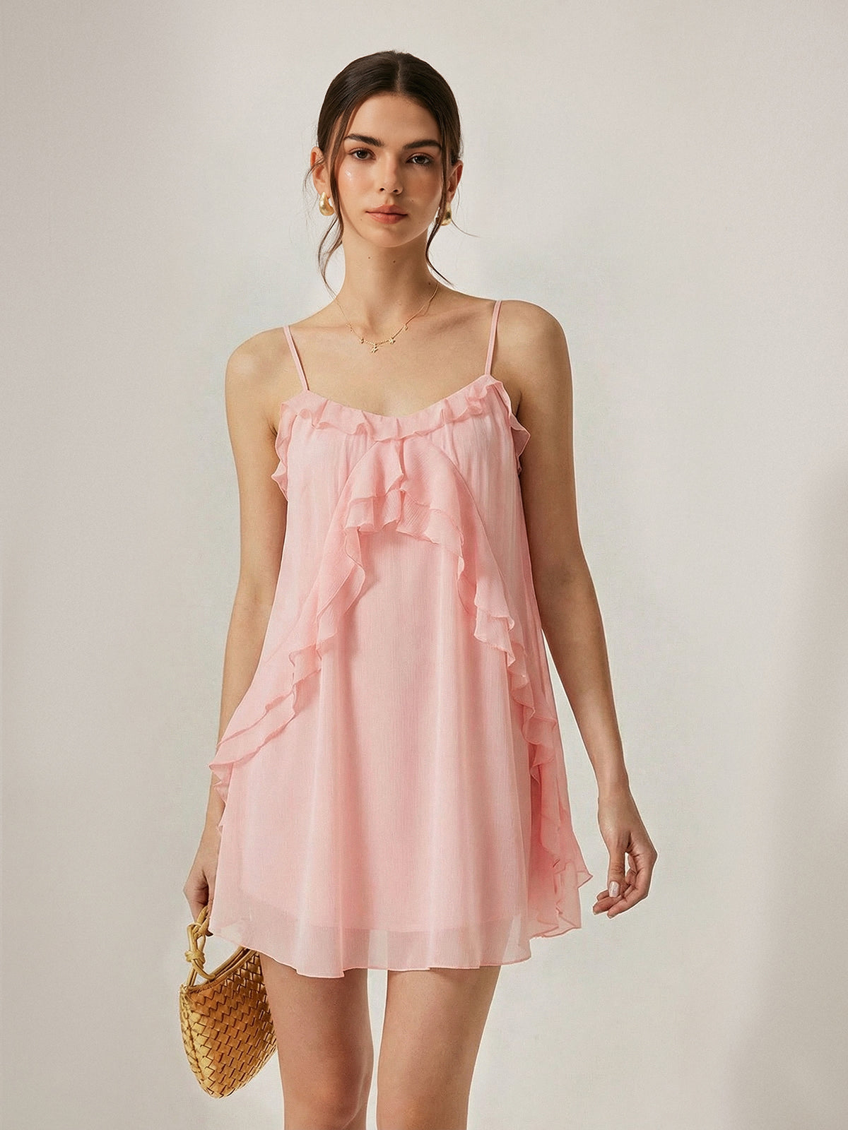 Ruffle Trim Cami Mini Dress with Adjustable Straps for Summer