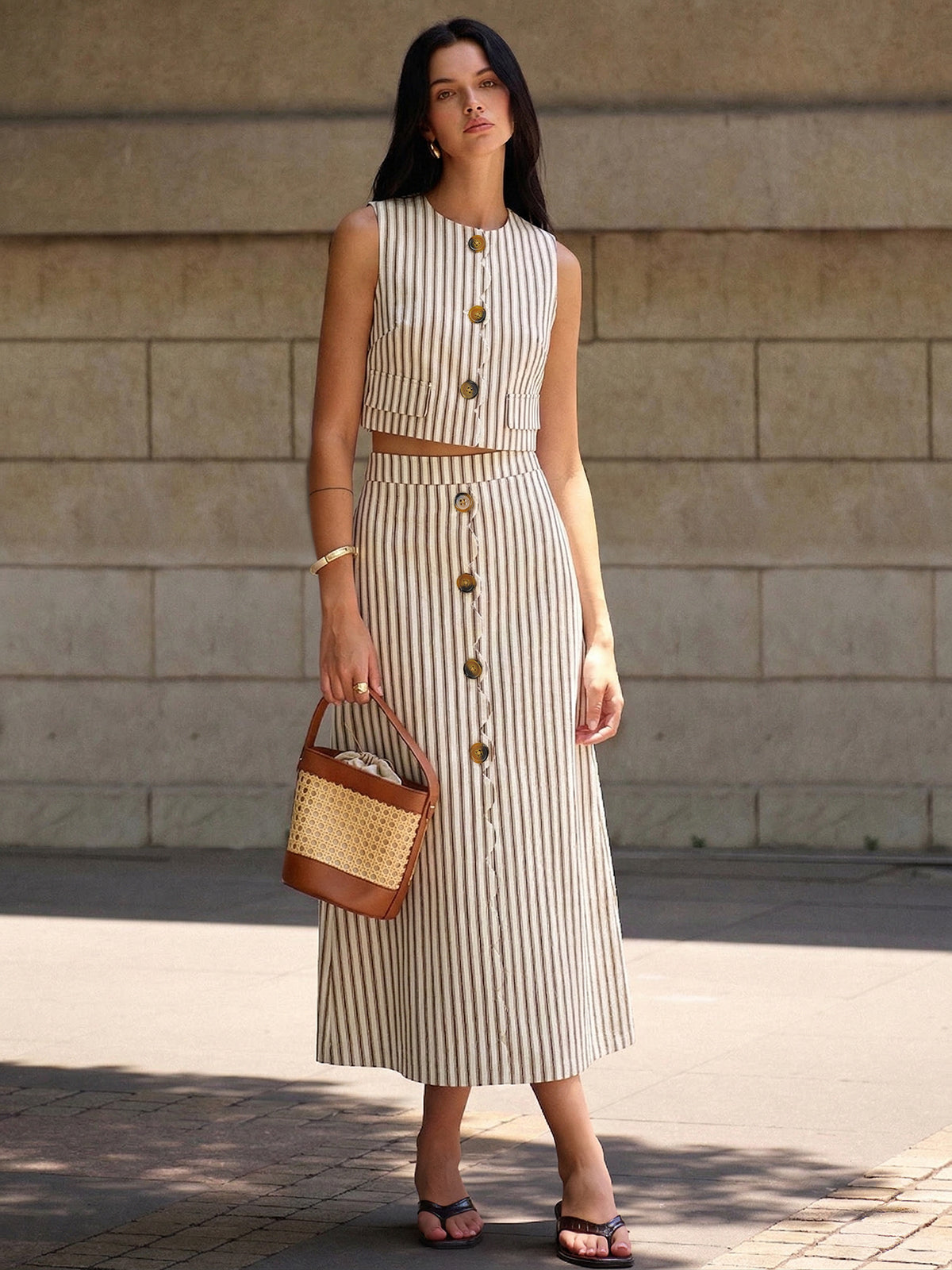 Cotton Striped Sleeveless Top & Midi Skirt Set for Summer Wear