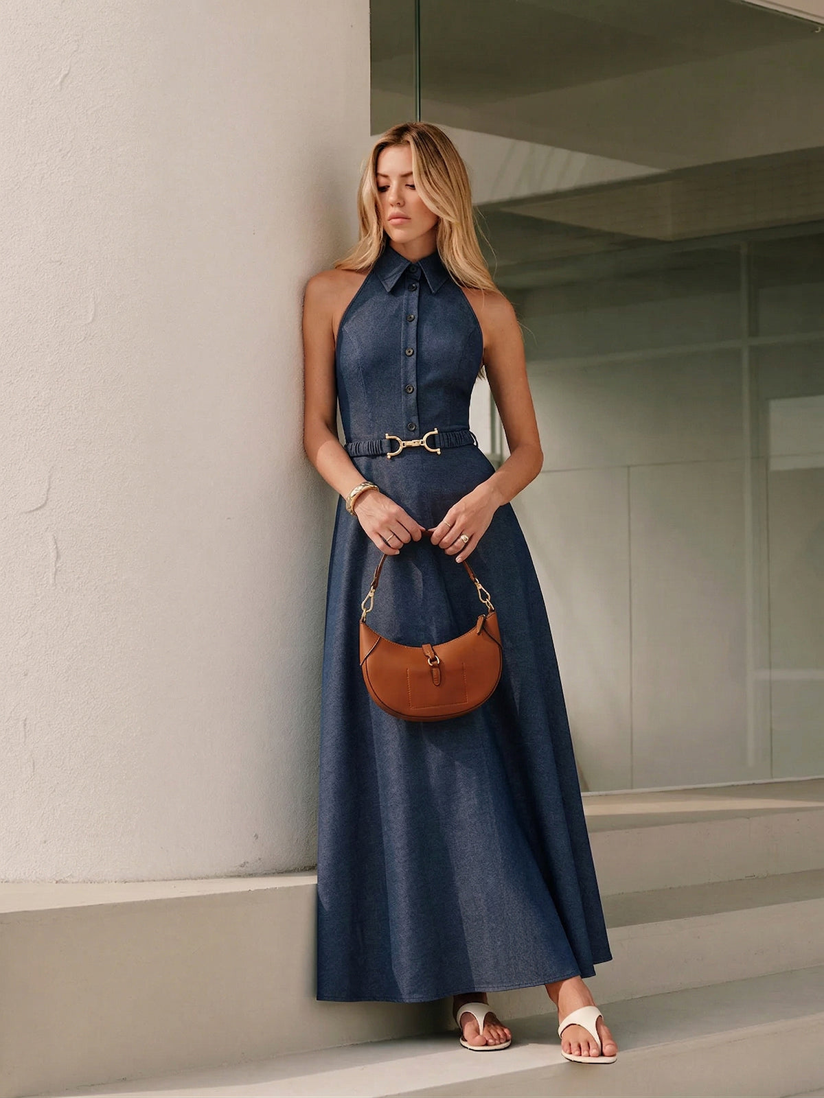 Halter Belted Collared Denim Maxi Dress Women's Trendy Full-Length