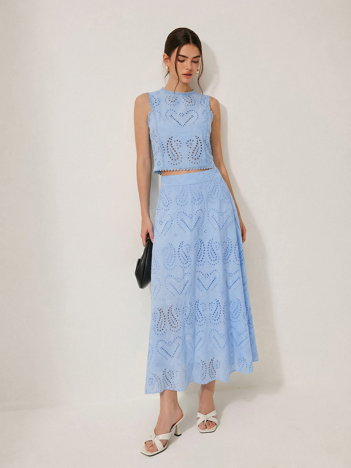 Eyelet Embroidery Top & Maxi Skirt Set for Women Summer Casual