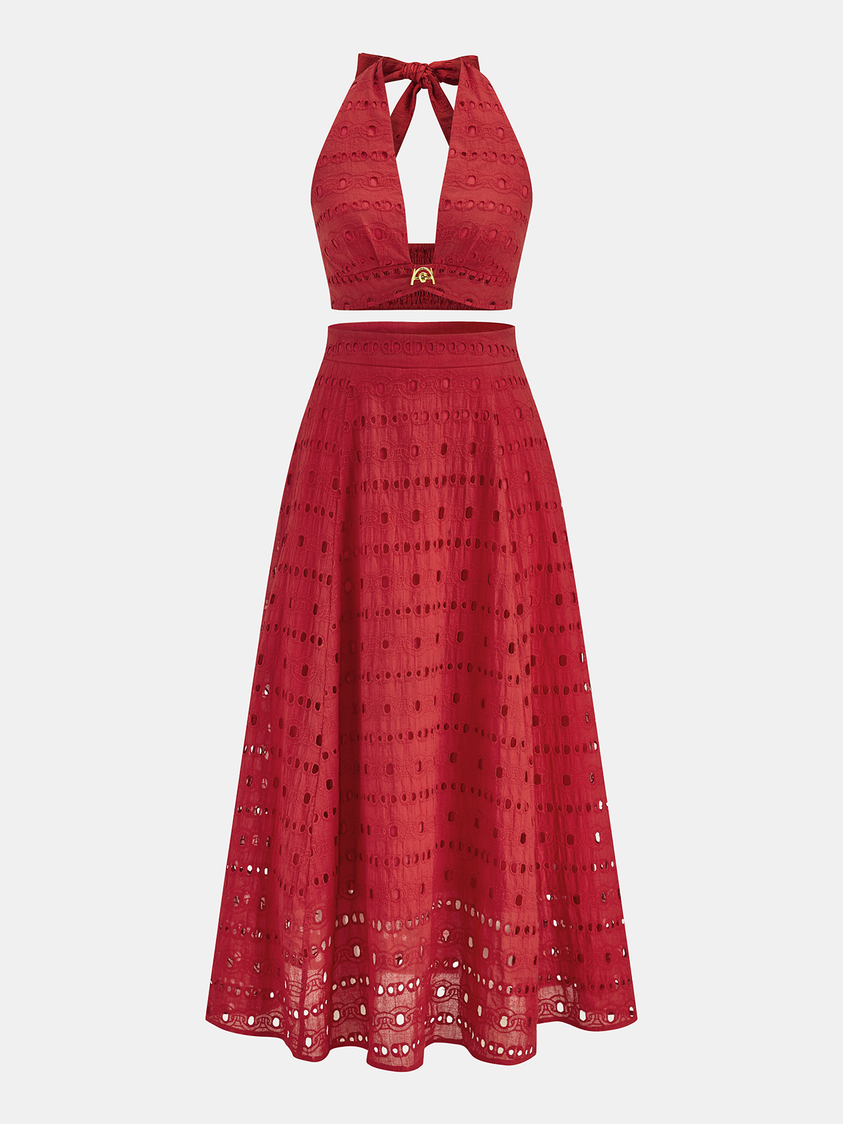 Eyelet Halter Crop Top & Floral Maxi Skirt Set for Women