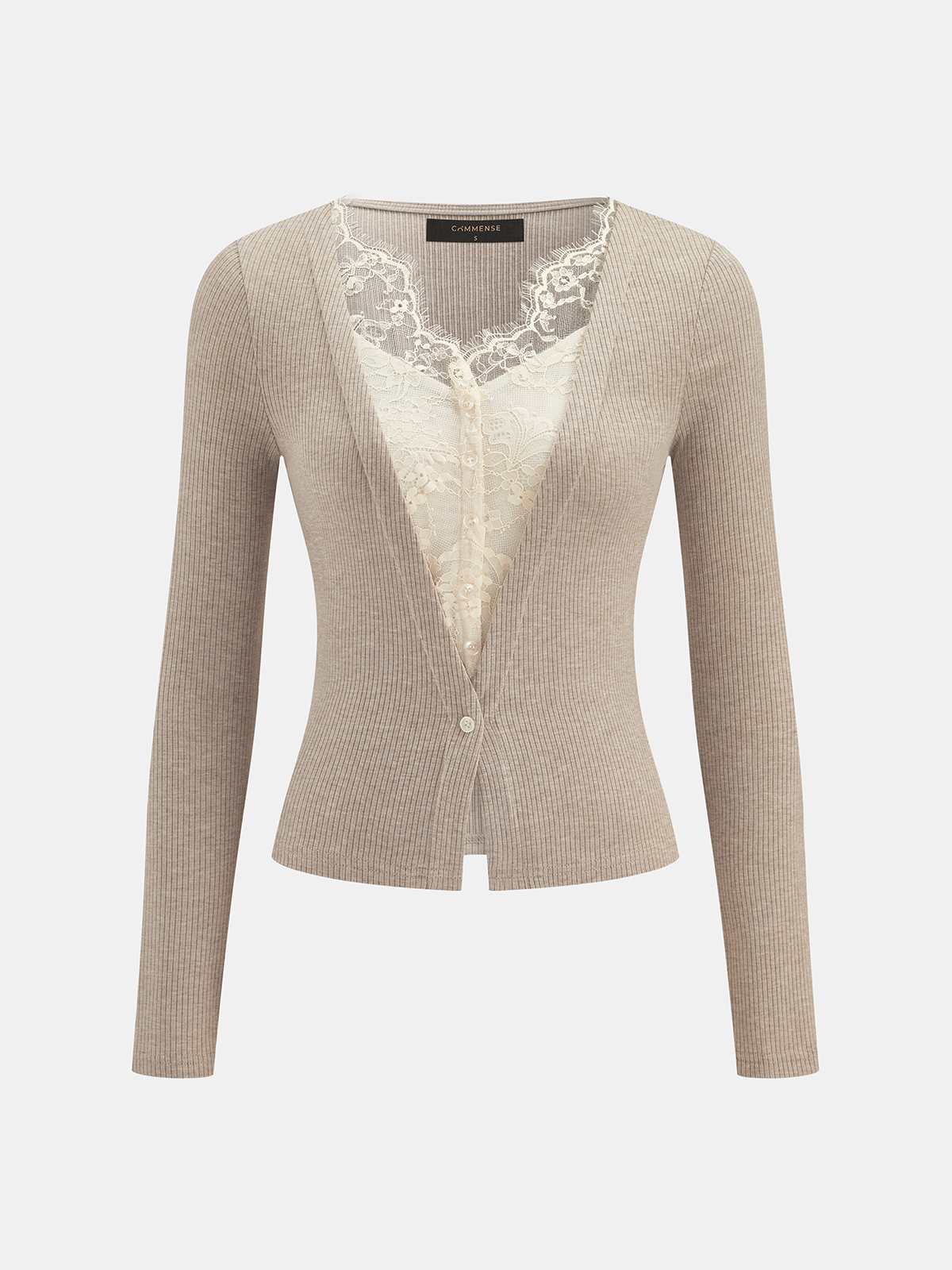 V-Neck Lace Panel Ribbed Knit Top for Women Casual Wear