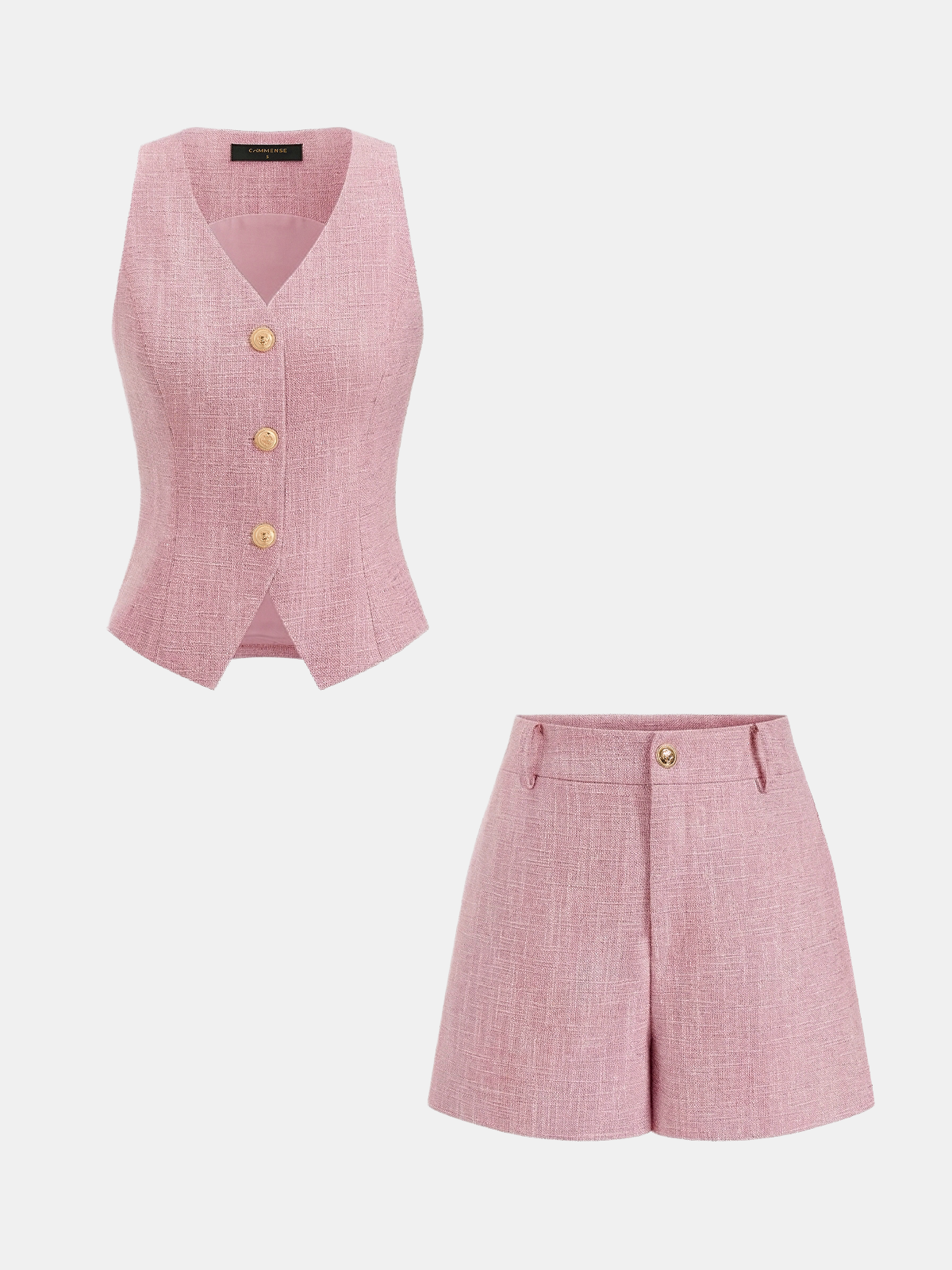 Textured Metal Button Vest & Women's Tailored Shorts Set, Elegant Fashionable Casual Summer Outfit