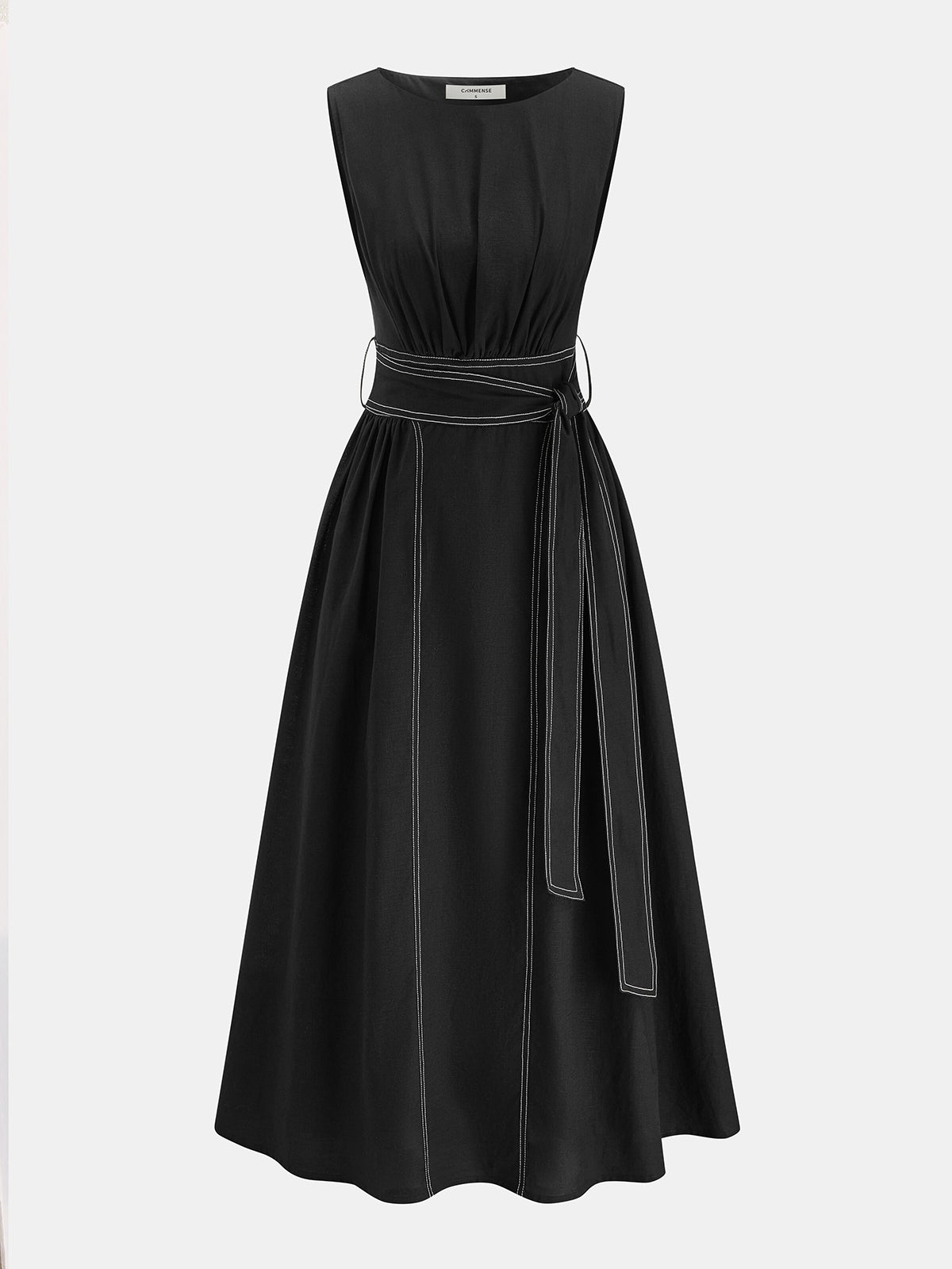 Cotton Linen Sleeveless Belted Midi Dress for Women Casual Summer