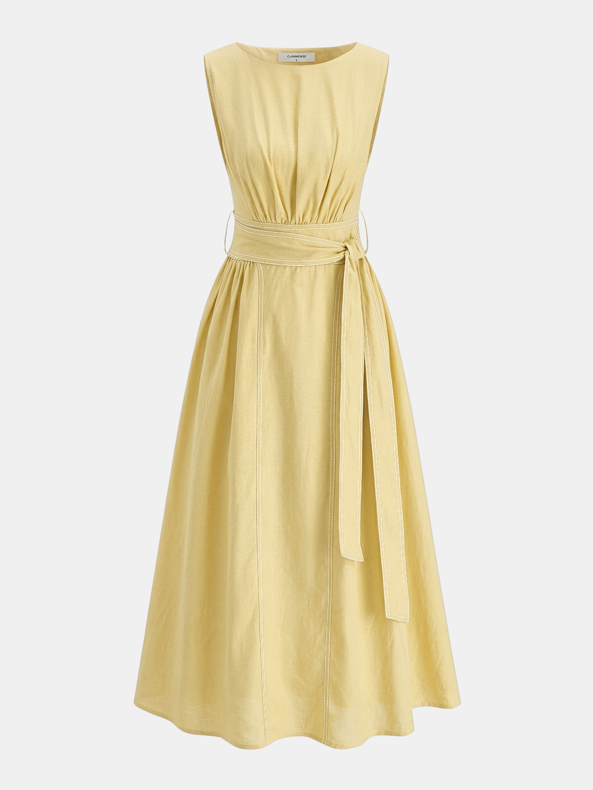Cotton Linen Sleeveless Belted Midi Dress for Women Casual Summer