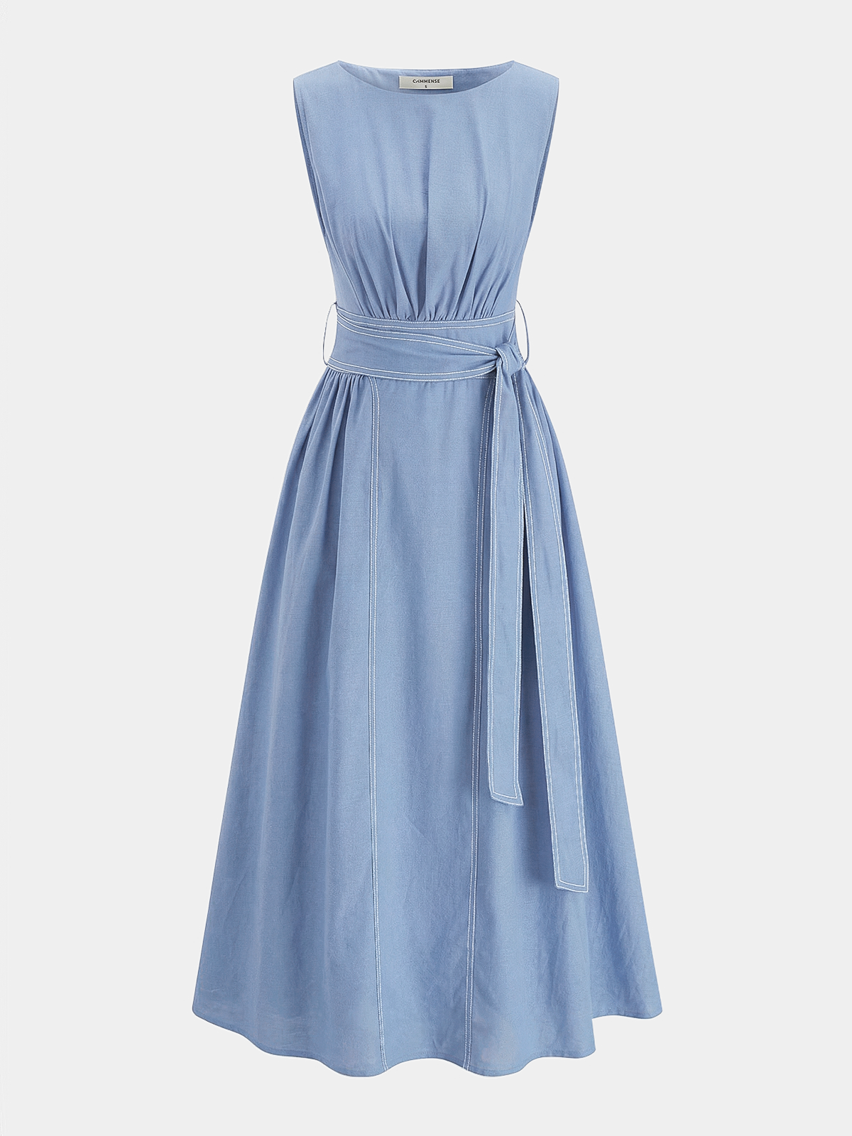 Cotton Linen Sleeveless Belted Midi Dress for Women Casual Summer