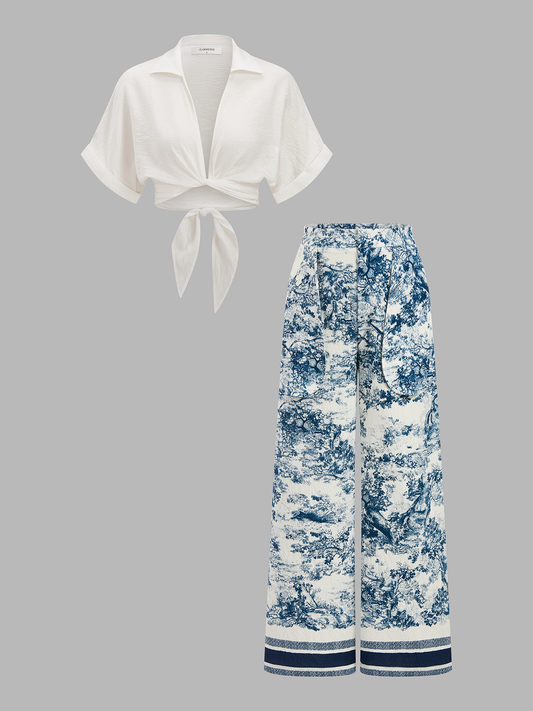 Twisted Crop Top & Chic Toile Print Pants Co-ord Set