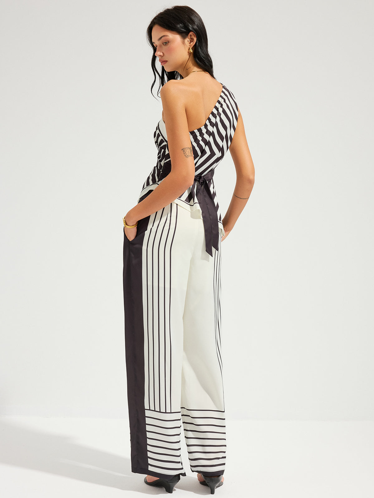 Striped One-Shoulder Top & High-Waisted Pants Outfit Set for Women