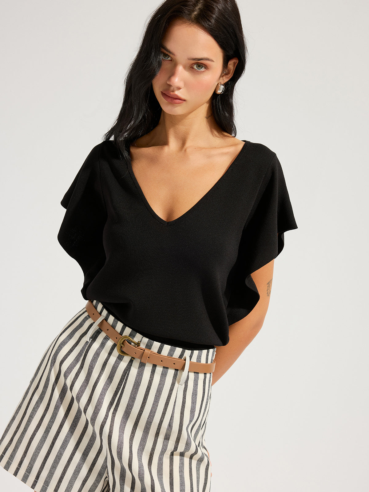 V-Neck Flutter Sleeve Cinched Knitted Tops Women's Fashion Summer Casual