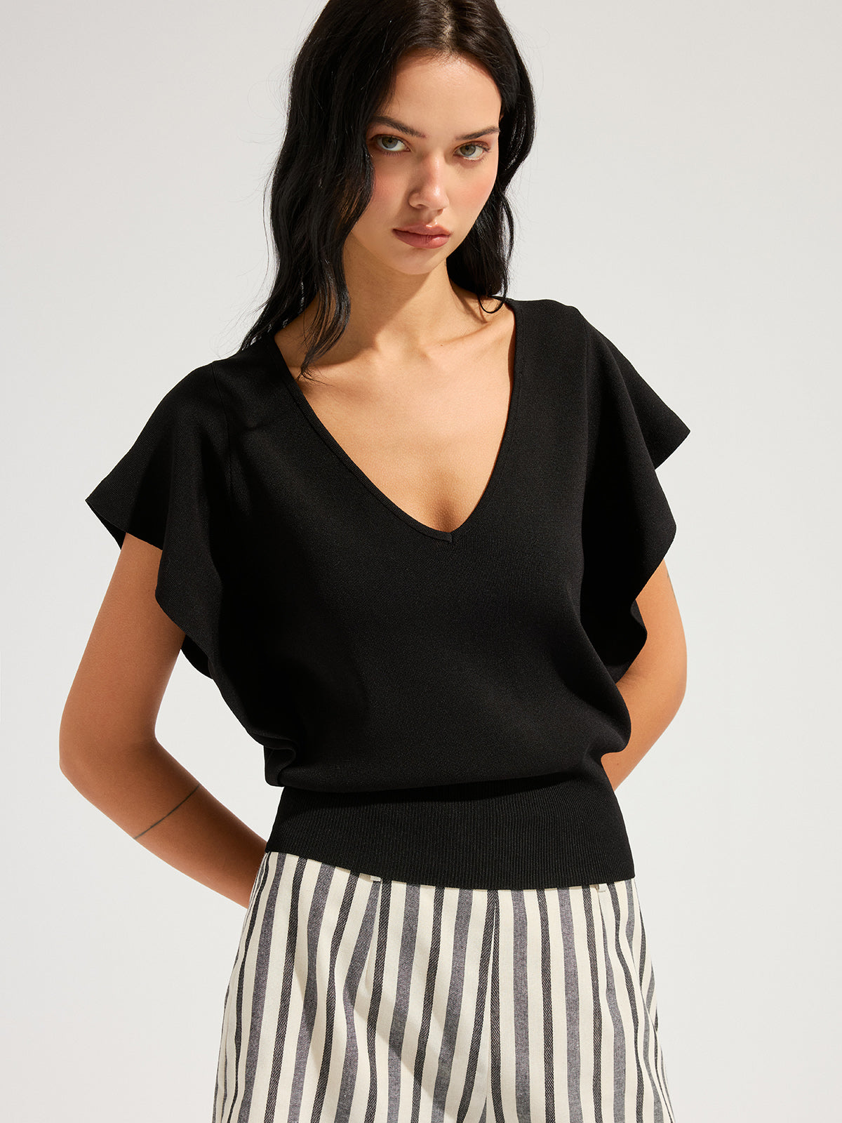V-Neck Flutter Sleeve Cinched Knitted Tops Women's Fashion Summer Casual