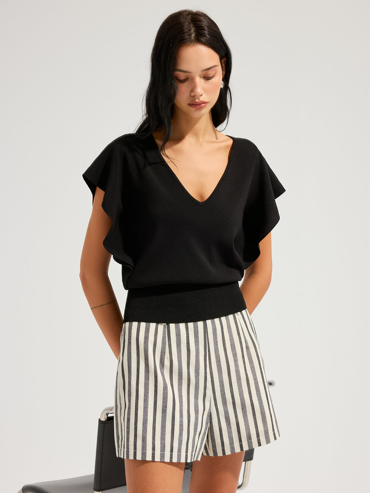 V-Neck Flutter Sleeve Cinched Knitted Tops Women's Fashion Summer Casual