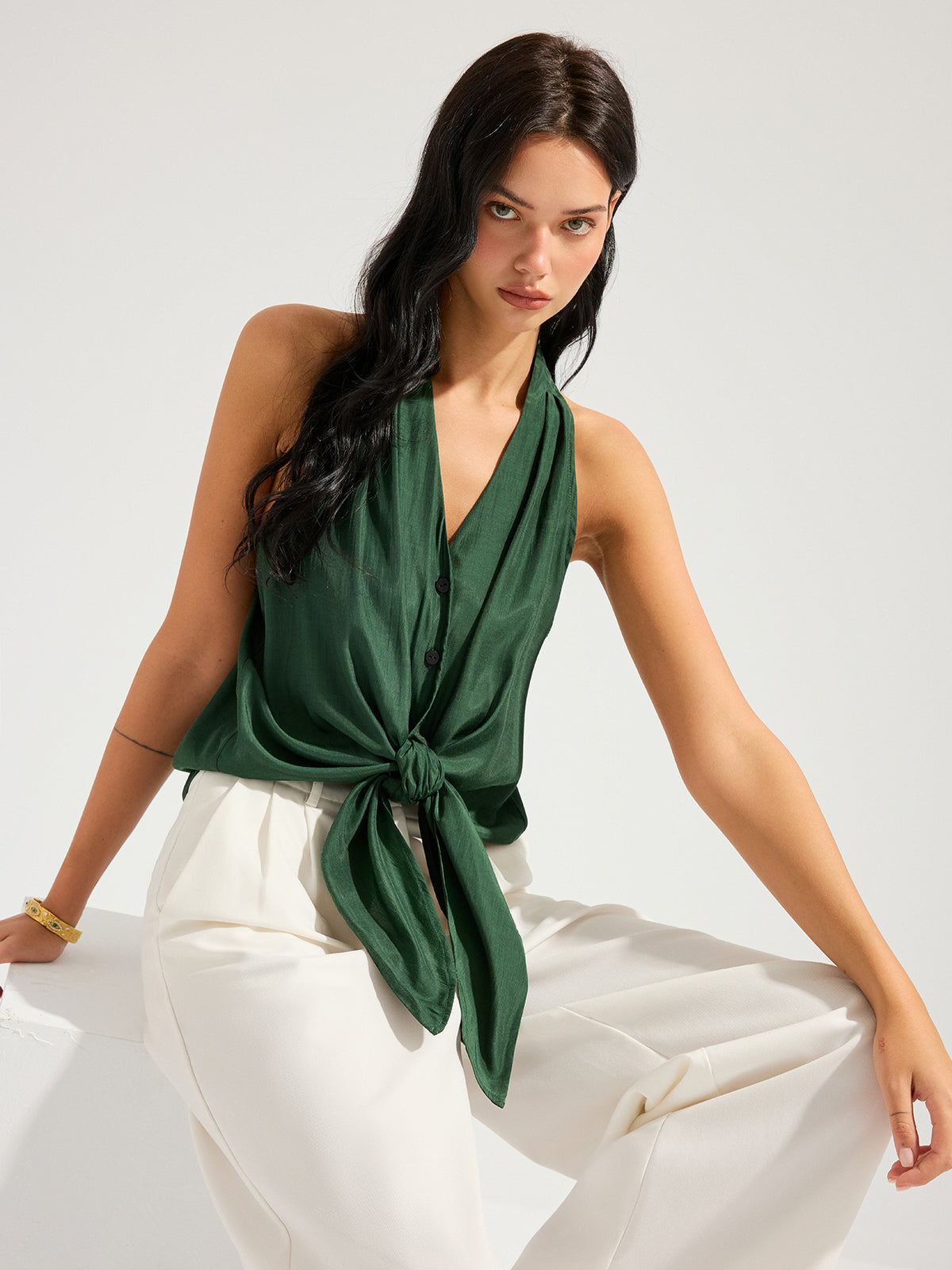 V-Neck Tie-Front Sleeveless Top for Women Casual Summer