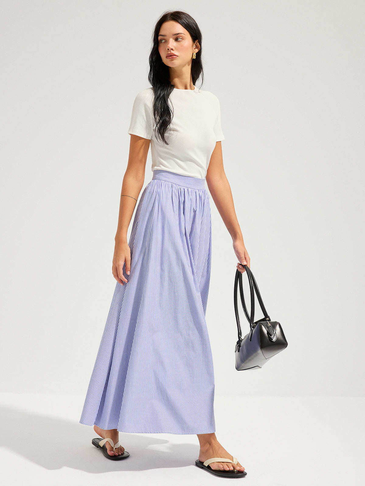 Oversized Striped Mid Waist Maxi Skirt for Women Casual Flowy