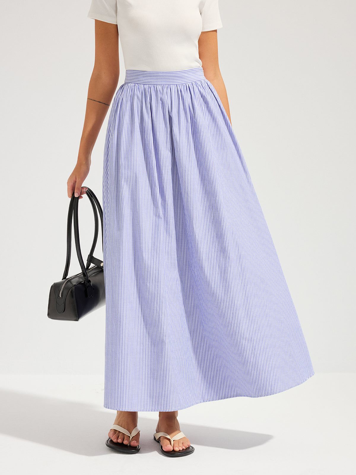 Oversized Striped Mid Waist Maxi Skirt for Women Casual Flowy