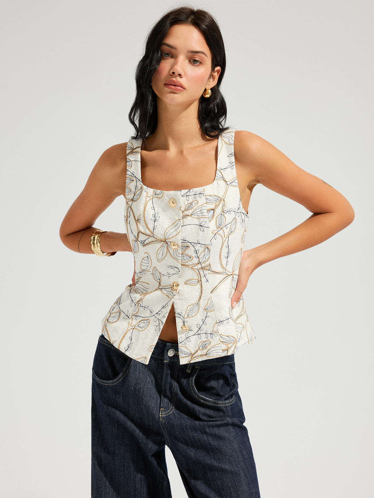 Embroidered Floral Square Neck Tank Top for Women Summer Casual