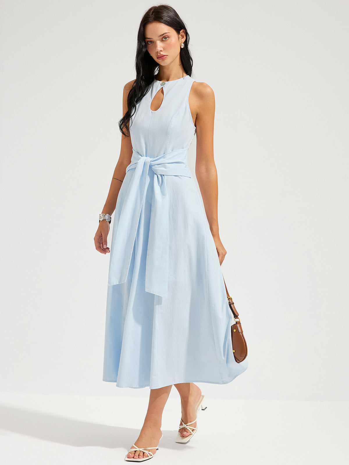 Cotton Sleeveless Keyhole Tie-Waist Maxi Dress for Women Summer Casual