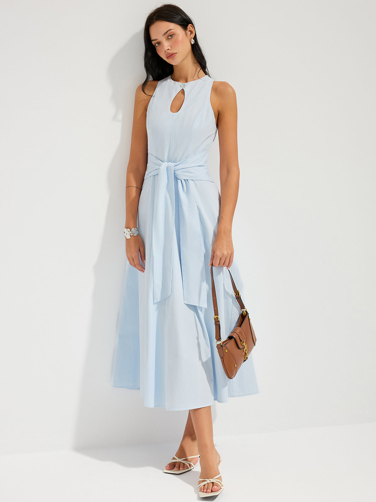 Cotton Sleeveless Keyhole Tie-Waist Maxi Dress for Women Summer Casual