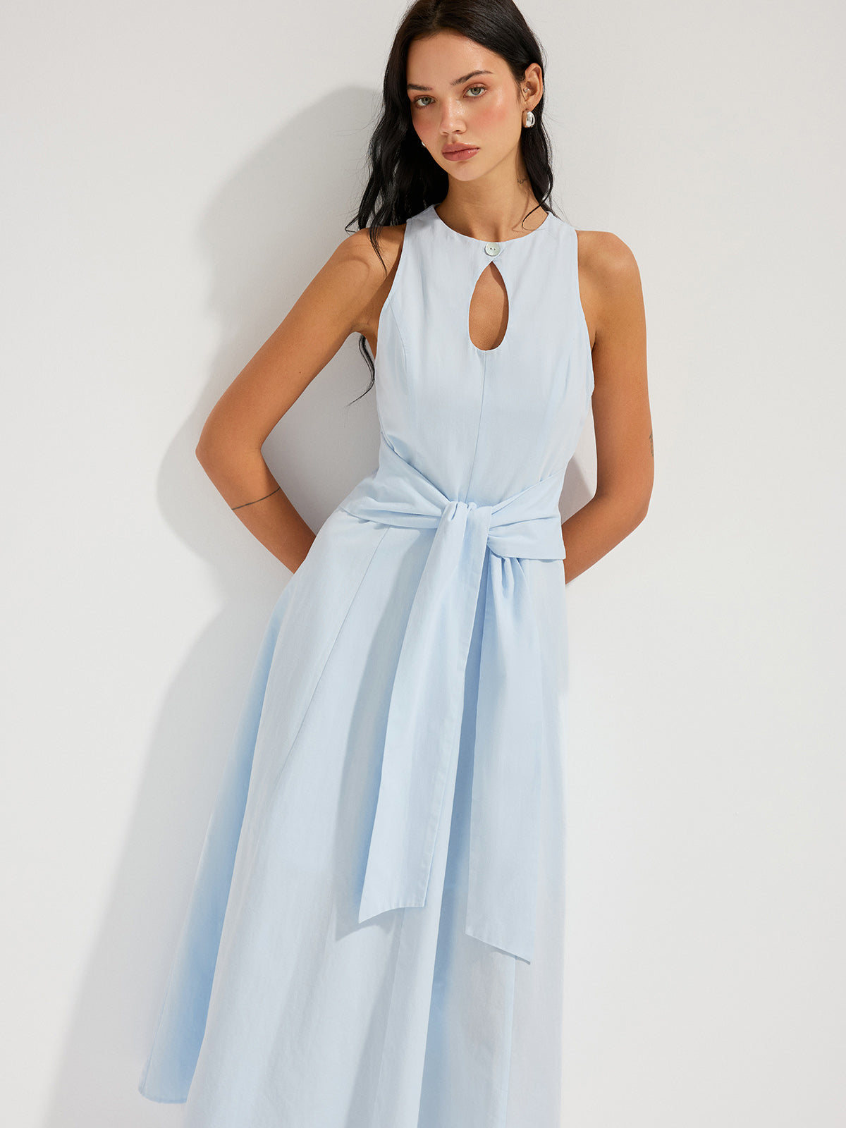 Cotton Sleeveless Keyhole Tie-Waist Maxi Dress for Women Summer Casual