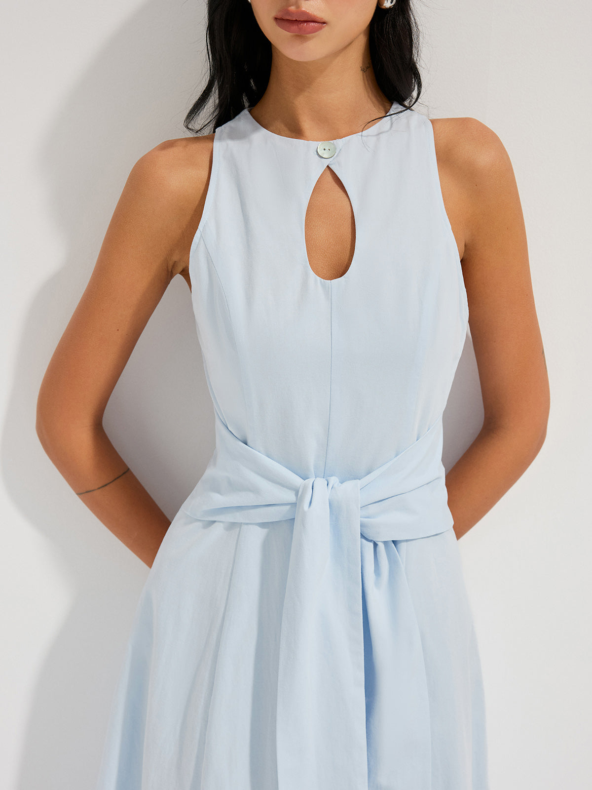 Cotton Sleeveless Keyhole Tie-Waist Maxi Dress for Women Summer Casual