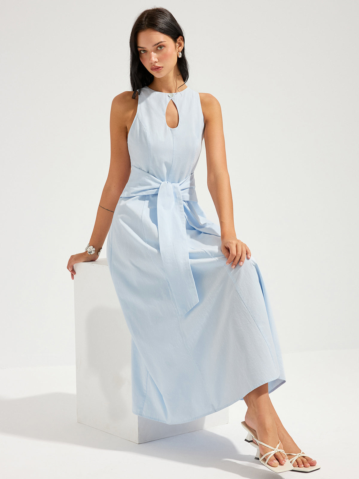 Cotton Sleeveless Keyhole Tie-Waist Maxi Dress for Women Summer Casual