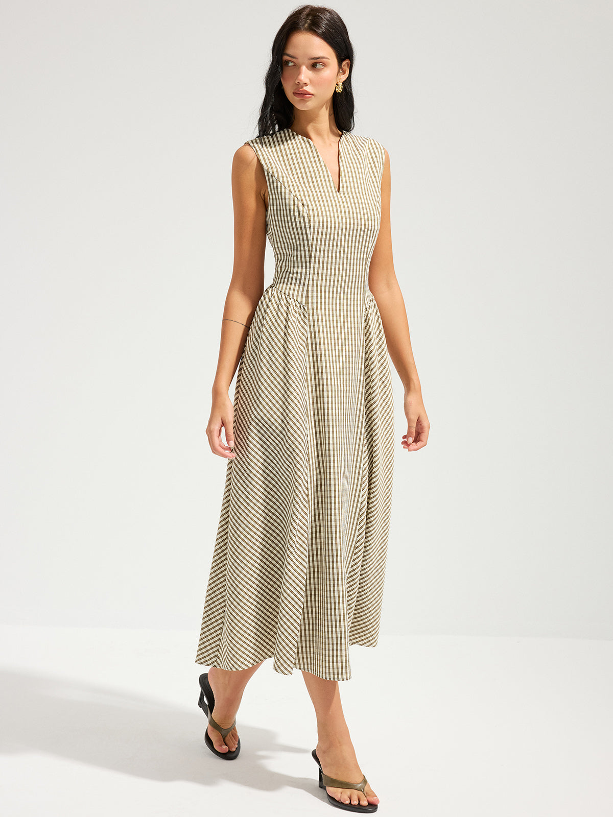 Cotton Blend Check Sleeveless Maxi Dress for Women Summer Wear