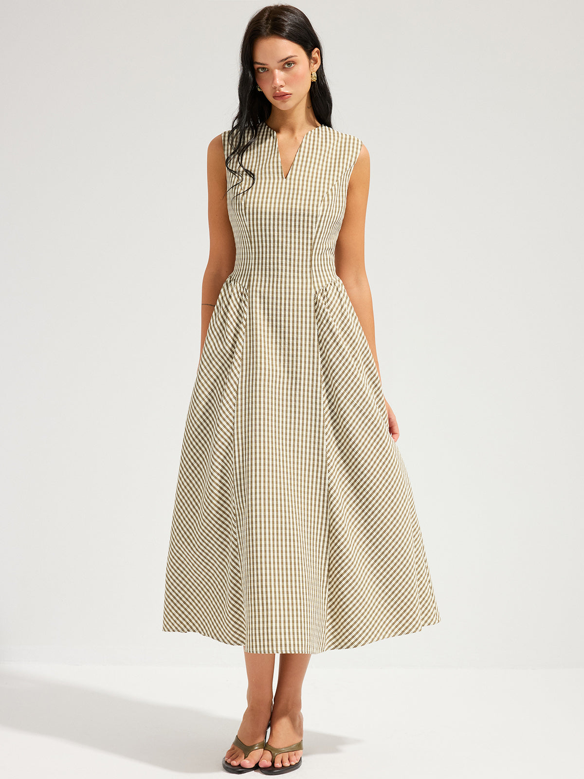 Cotton Blend Check Sleeveless Maxi Dress for Women Summer Wear