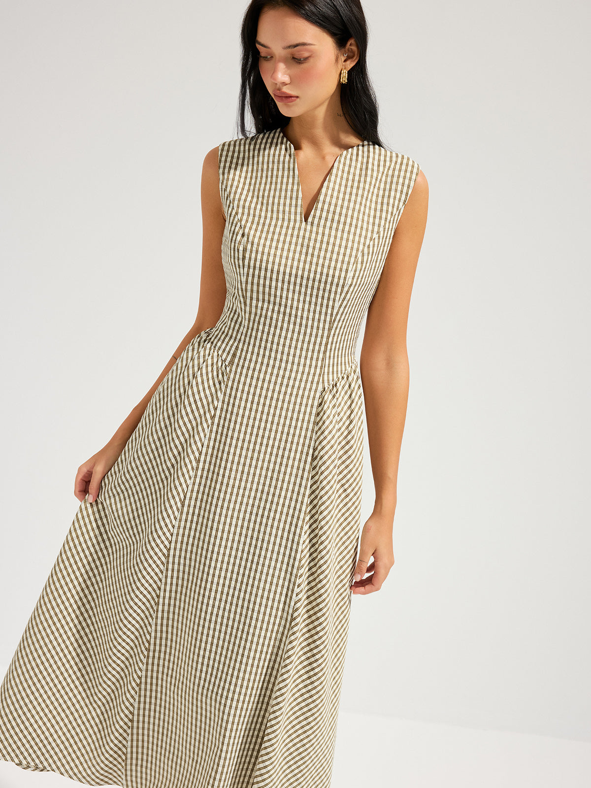 Cotton Blend Check Sleeveless Maxi Dress for Women Summer Wear