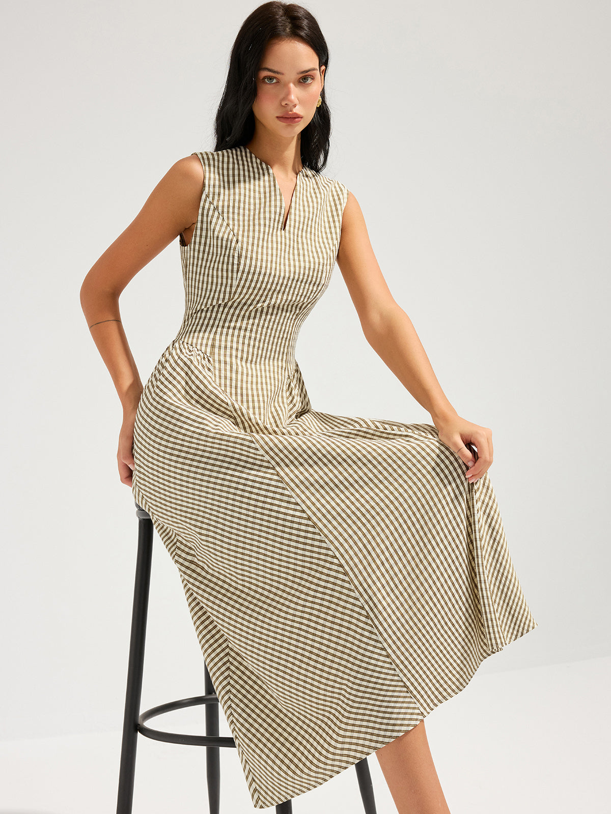 Cotton Blend Check Sleeveless Maxi Dress for Women Summer Wear