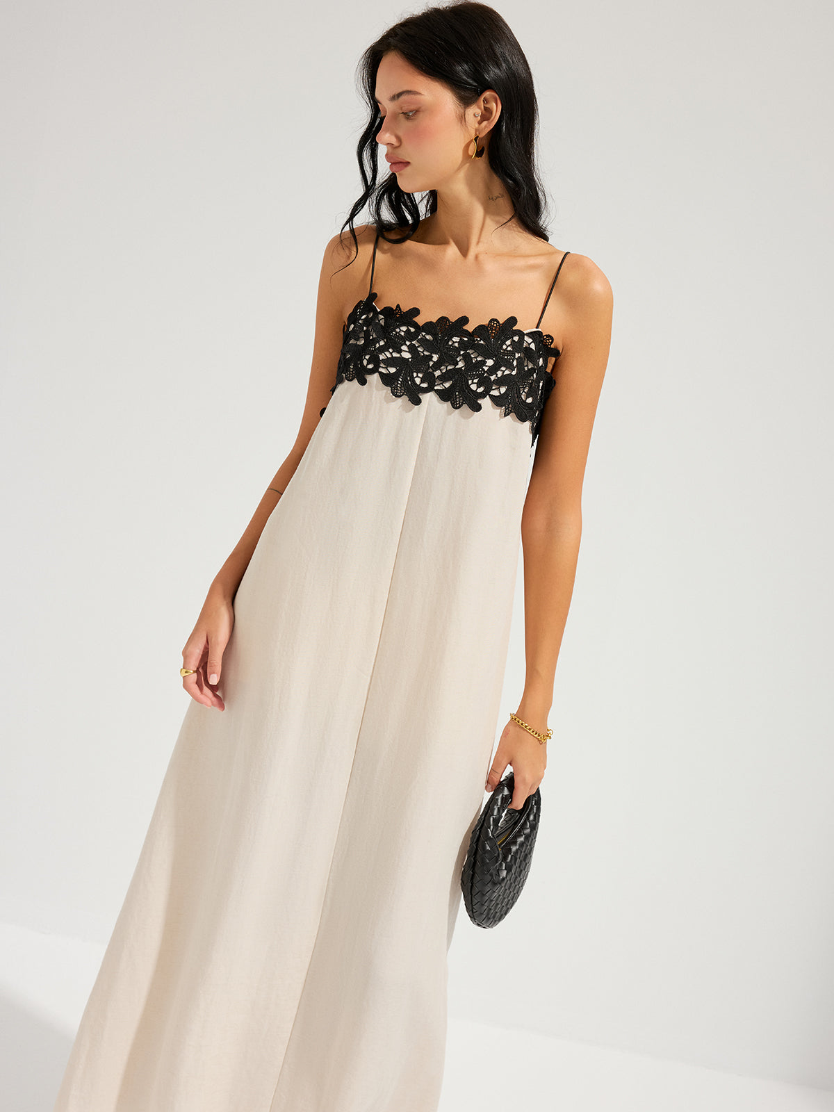 Lace Trim Linen-Blend Cami Maxi Dress for Summer Weddings
