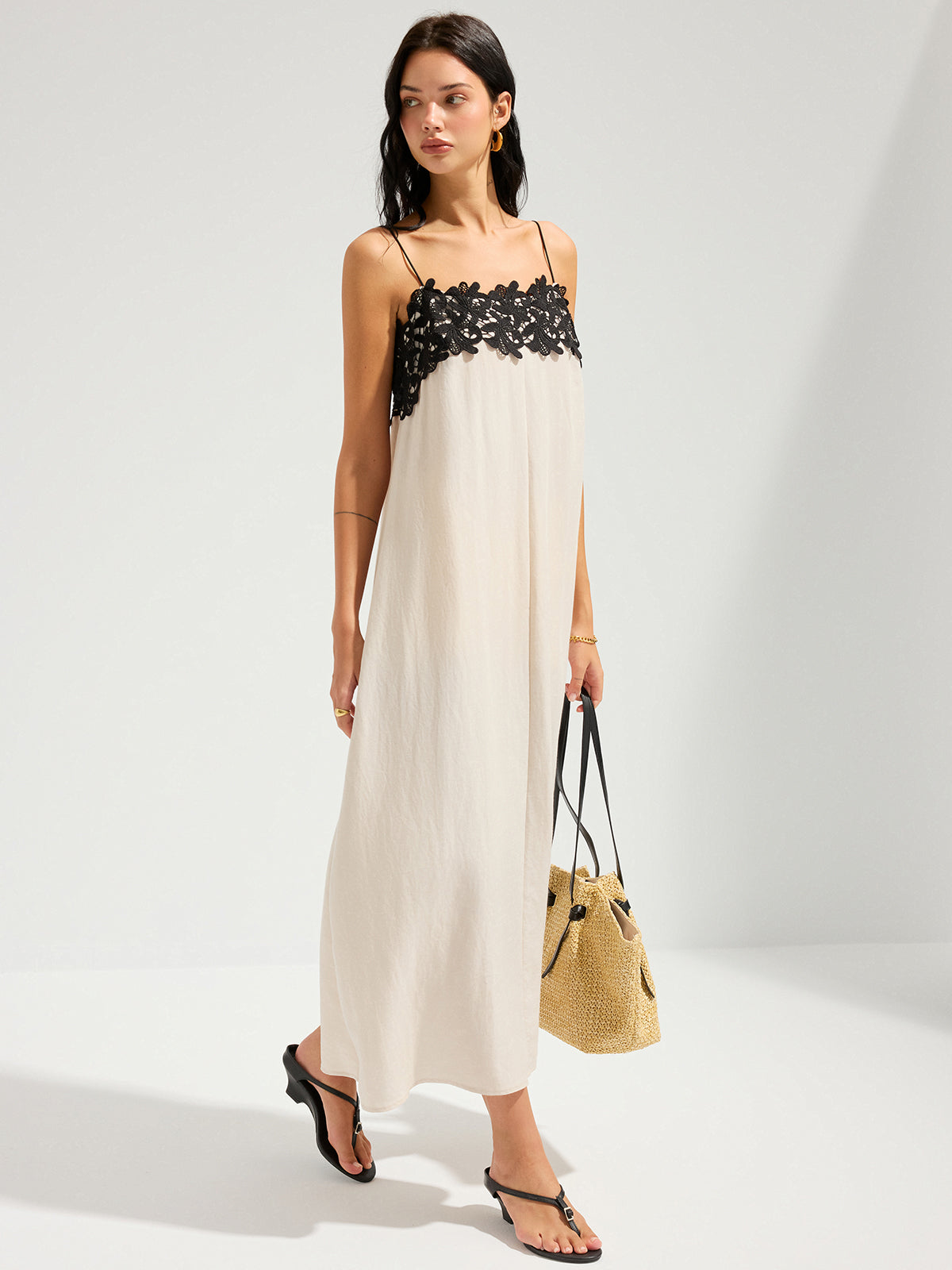Lace Trim Linen-Blend Cami Maxi Dress for Summer Weddings