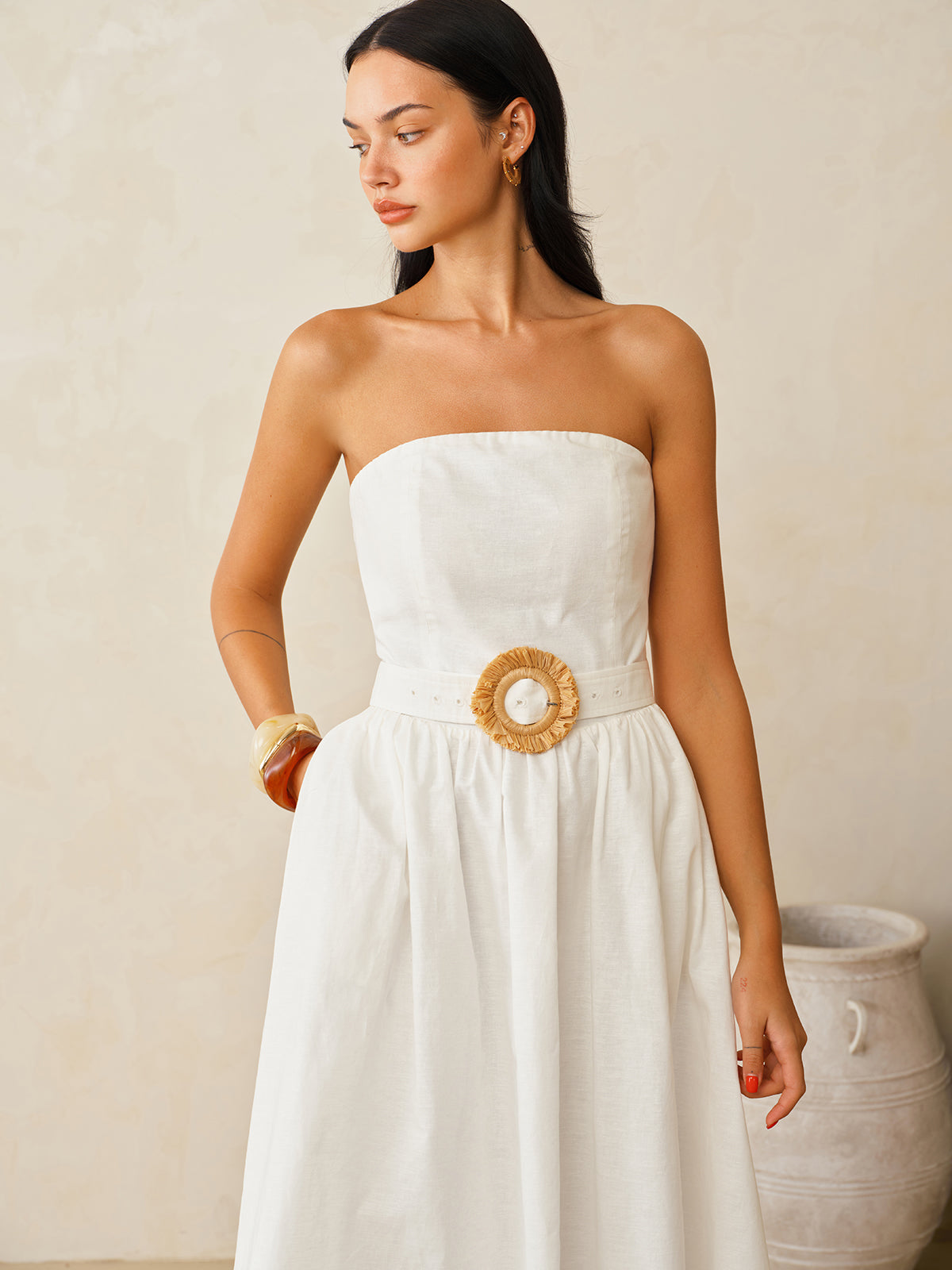 Strapless Cotton Linen Belted Maxi Dress Summer Casual Wear