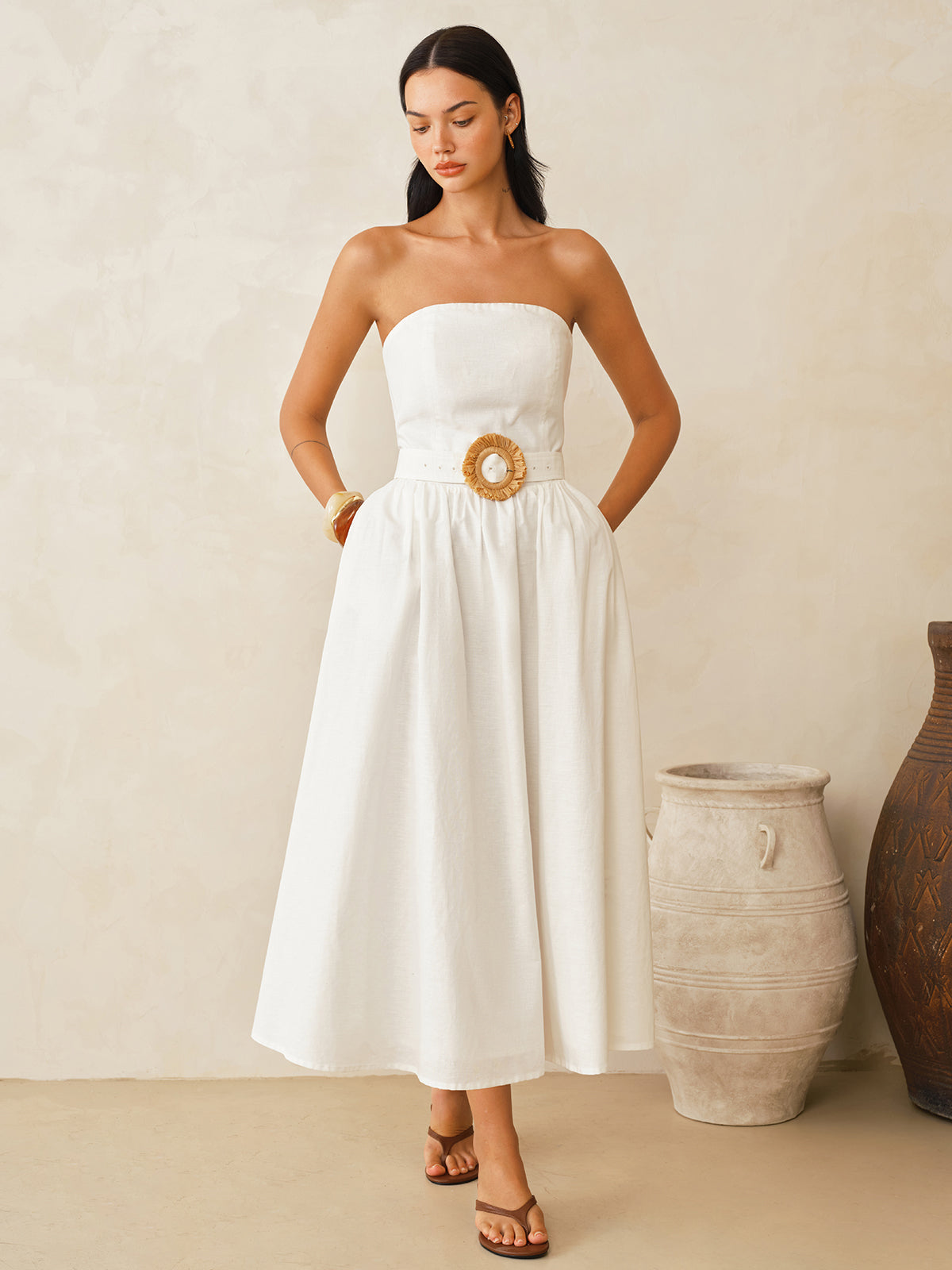 Strapless Cotton Linen Belted Maxi Dress Summer Casual Wear