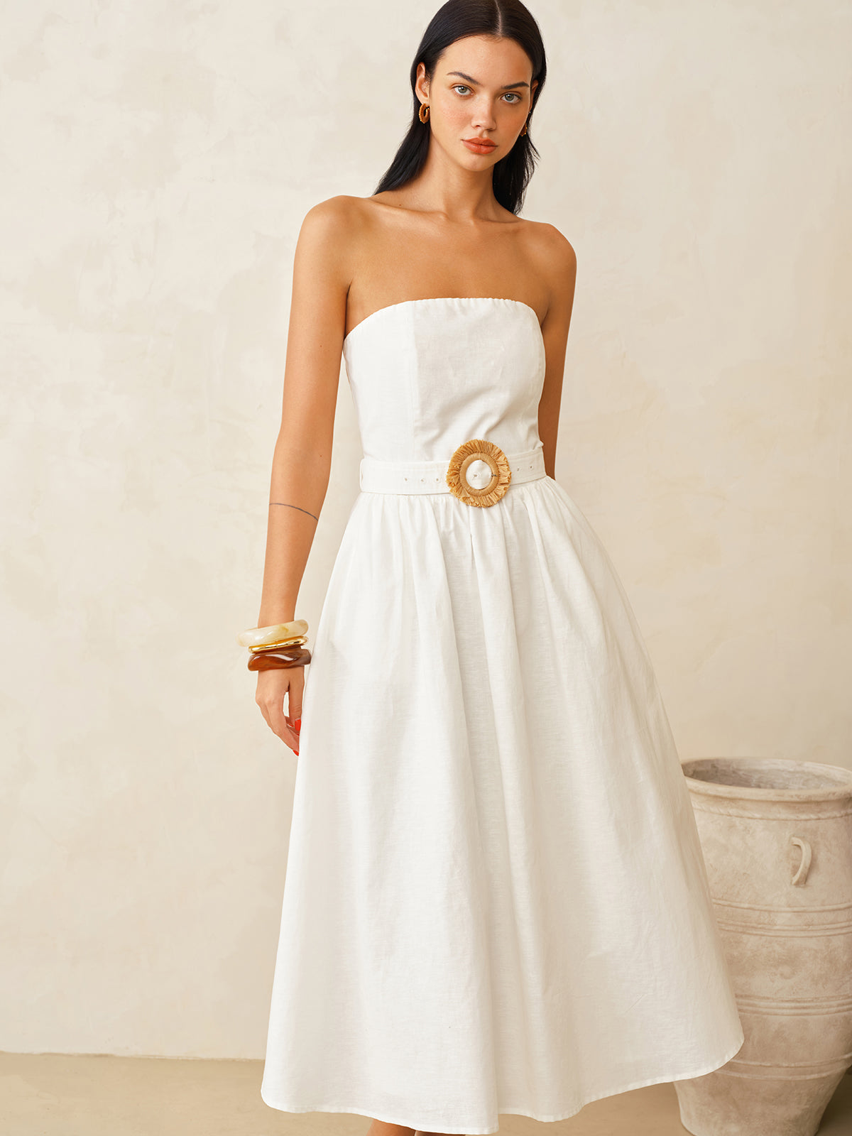 Strapless Cotton Linen Belted Maxi Dress Summer Casual Wear