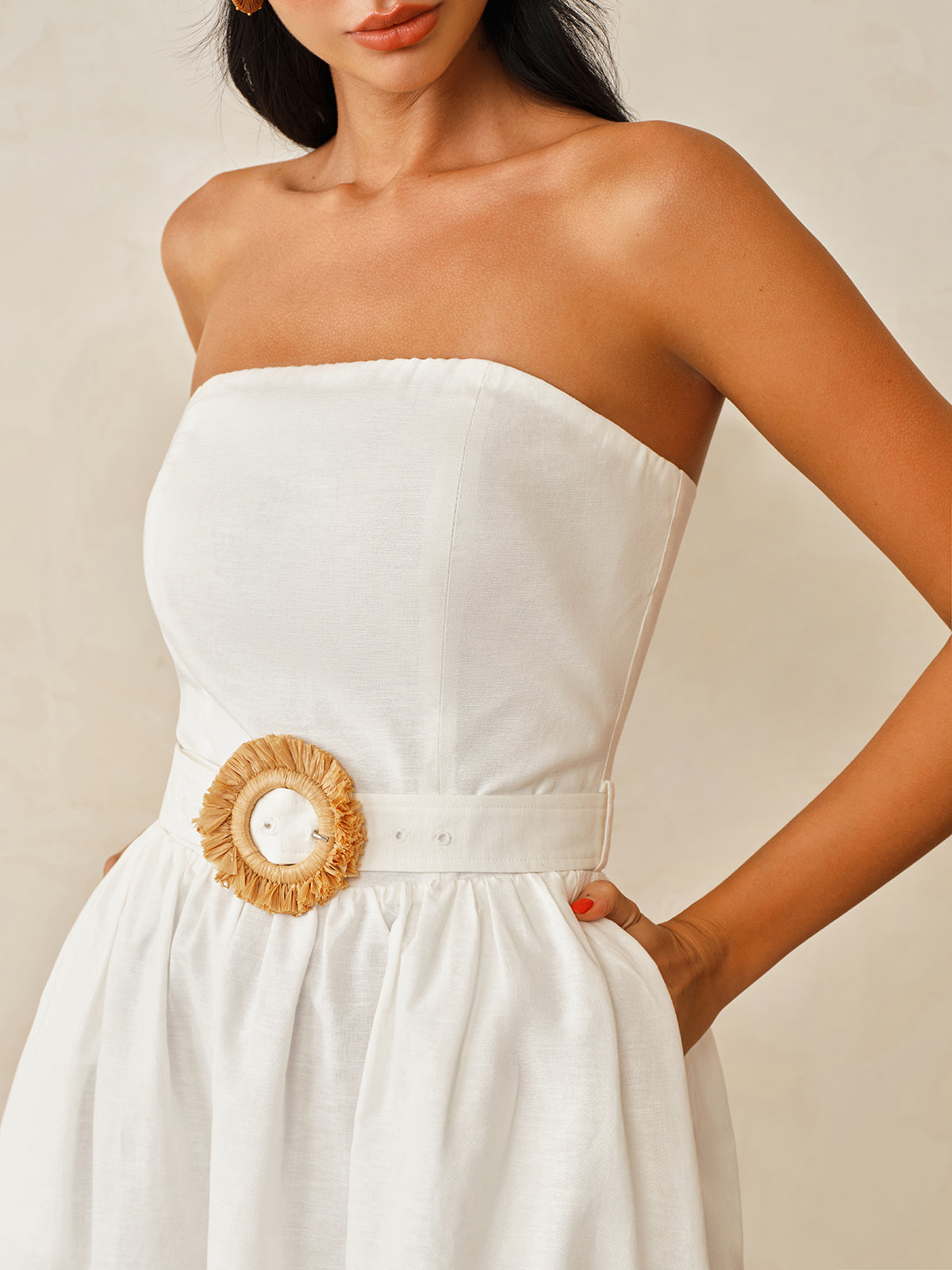 Strapless Cotton Linen Belted Maxi Dress Summer Casual Wear