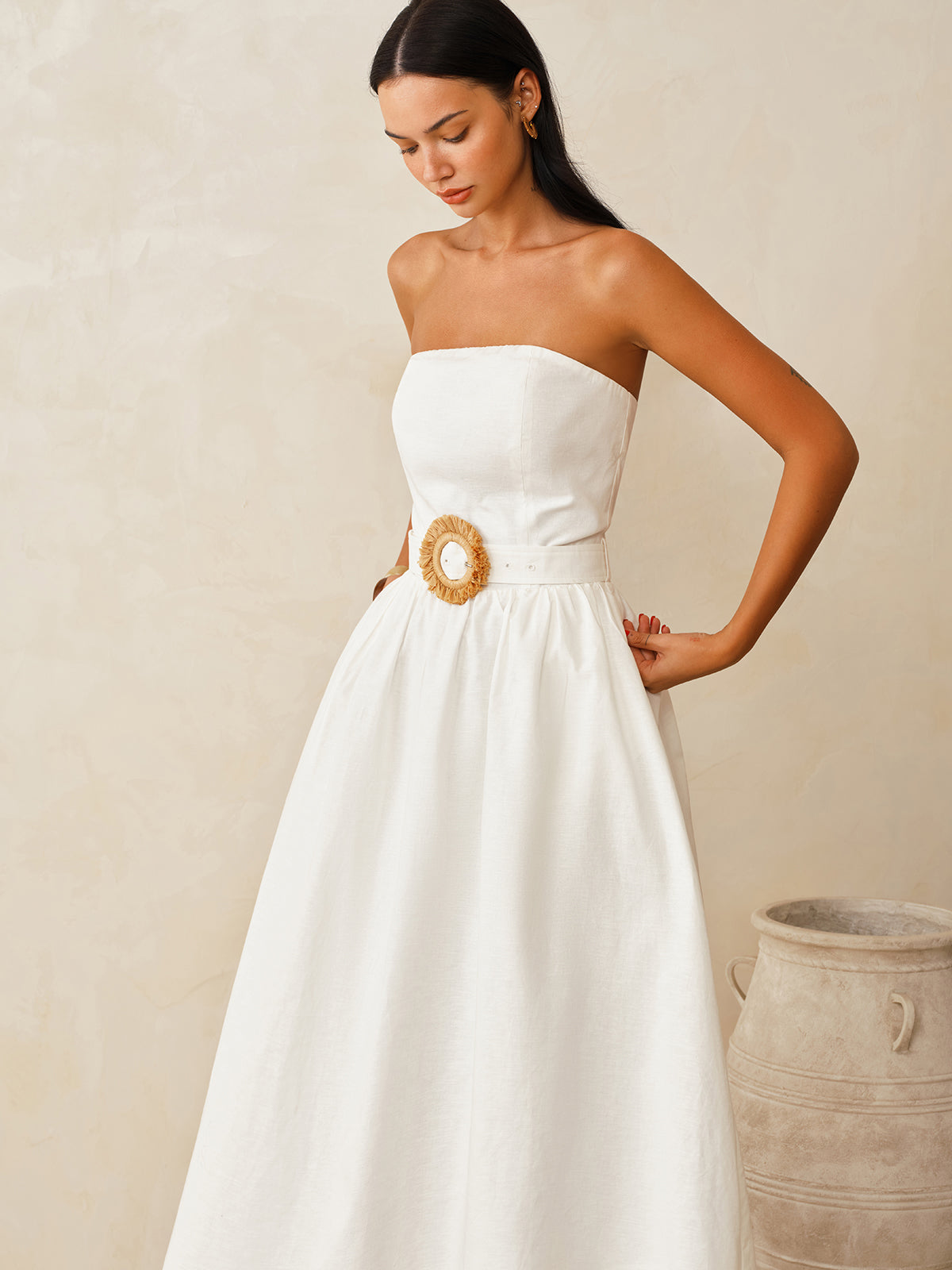 Strapless Cotton Linen Belted Maxi Dress Summer Casual Wear