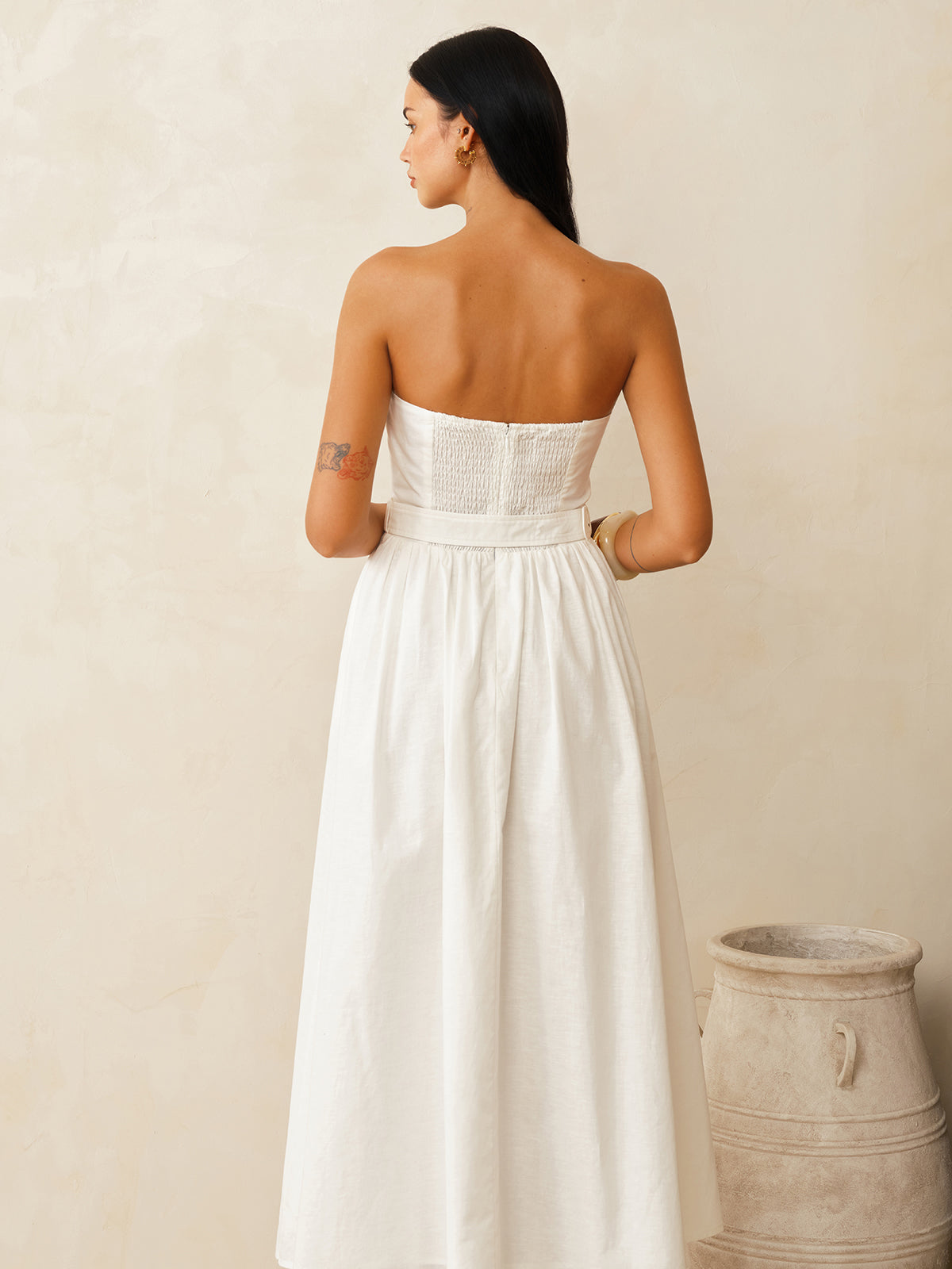 Strapless Cotton Linen Belted Maxi Dress Summer Casual Wear