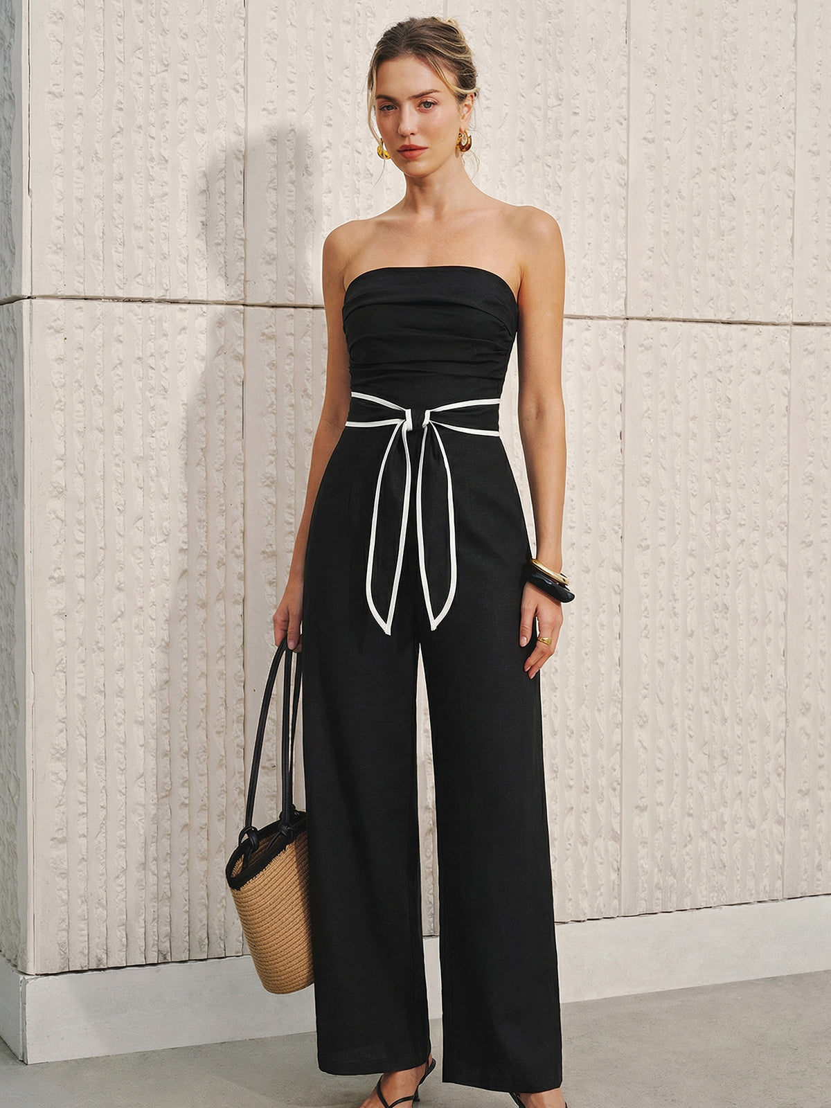 Linen-Blend Strapless Tie-Waist Wide Leg Jumpsuit for Summer Events