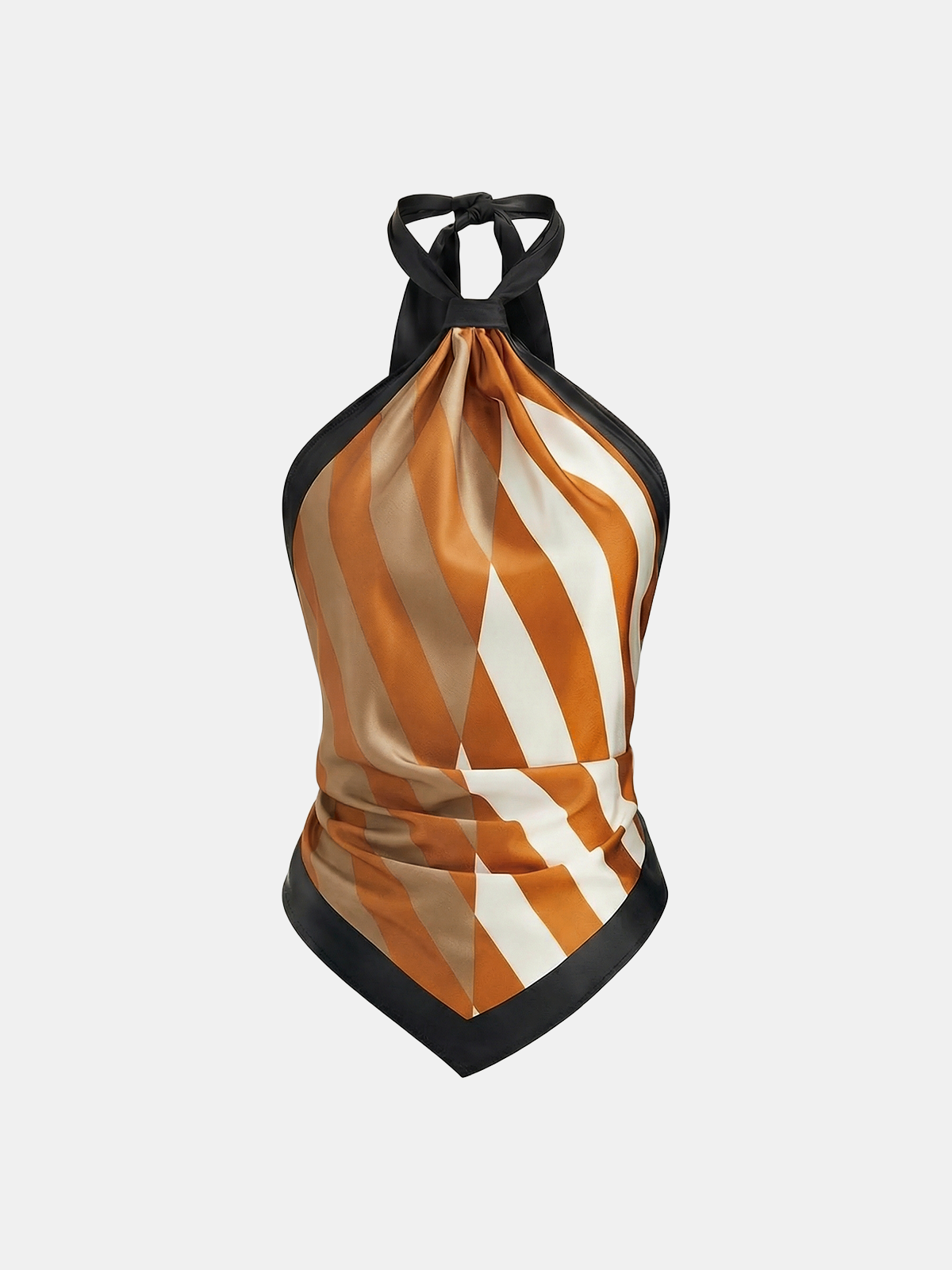 Geometric-stripe satin halter top with asymmetric hem, scarf-style cut, and adjustable neck tie.