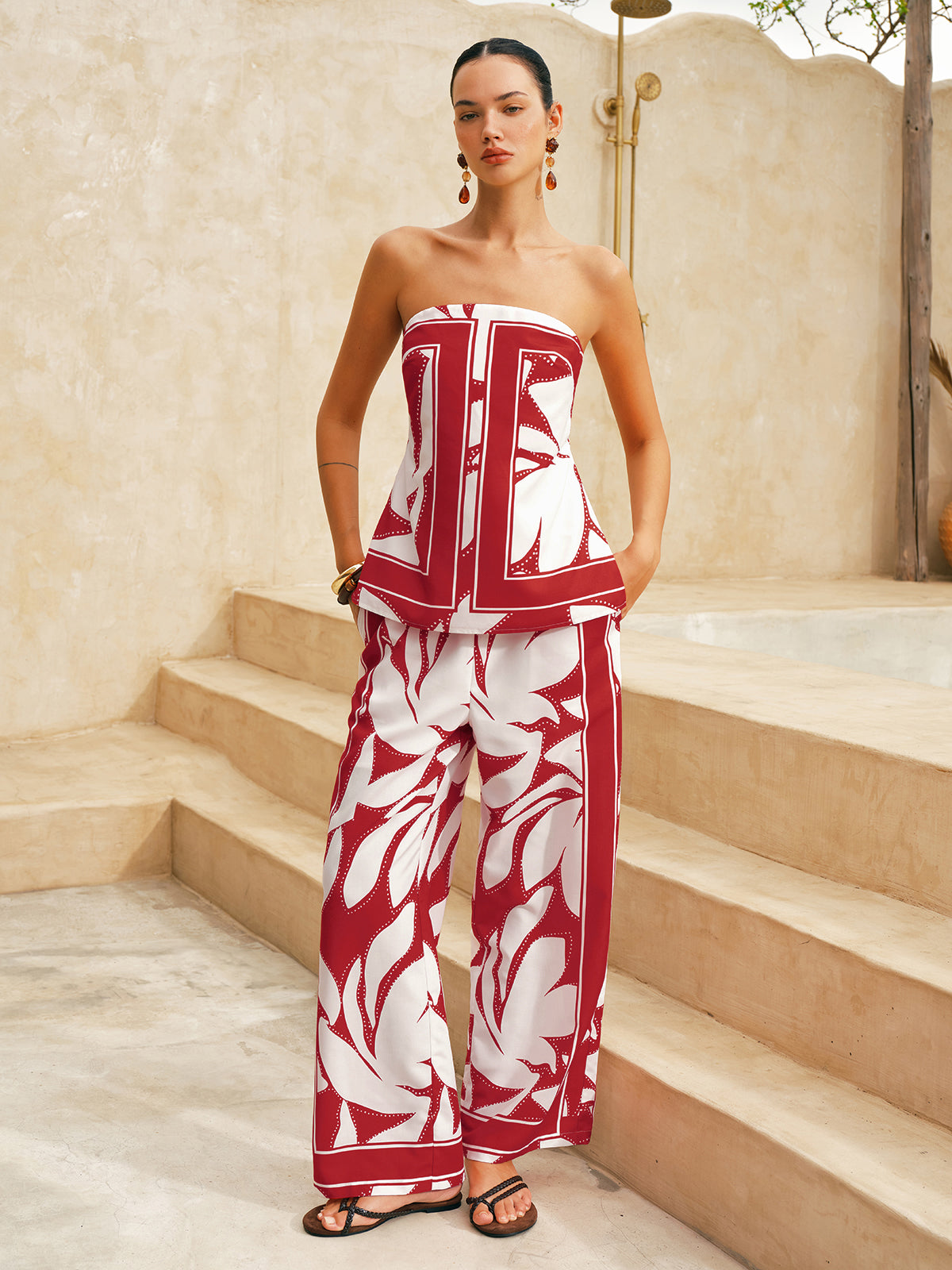 Abstract Print Strapless Top & Pants Set for Casual Wear