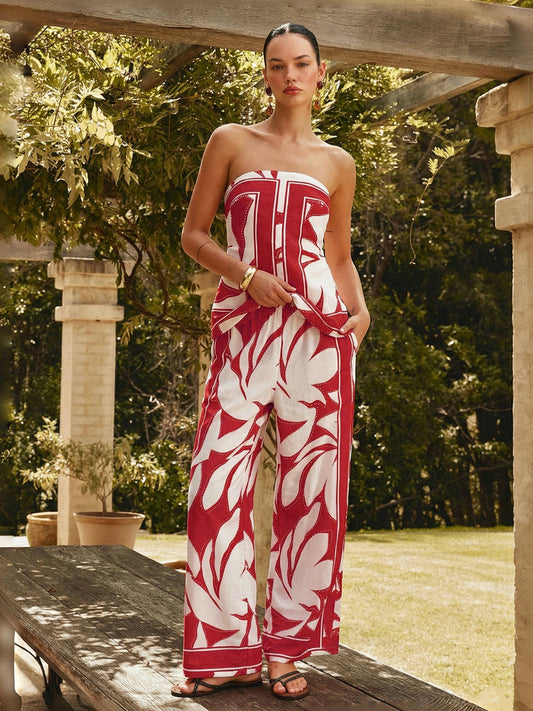 Abstract Print Strapless Top & Pants Set for Casual Wear