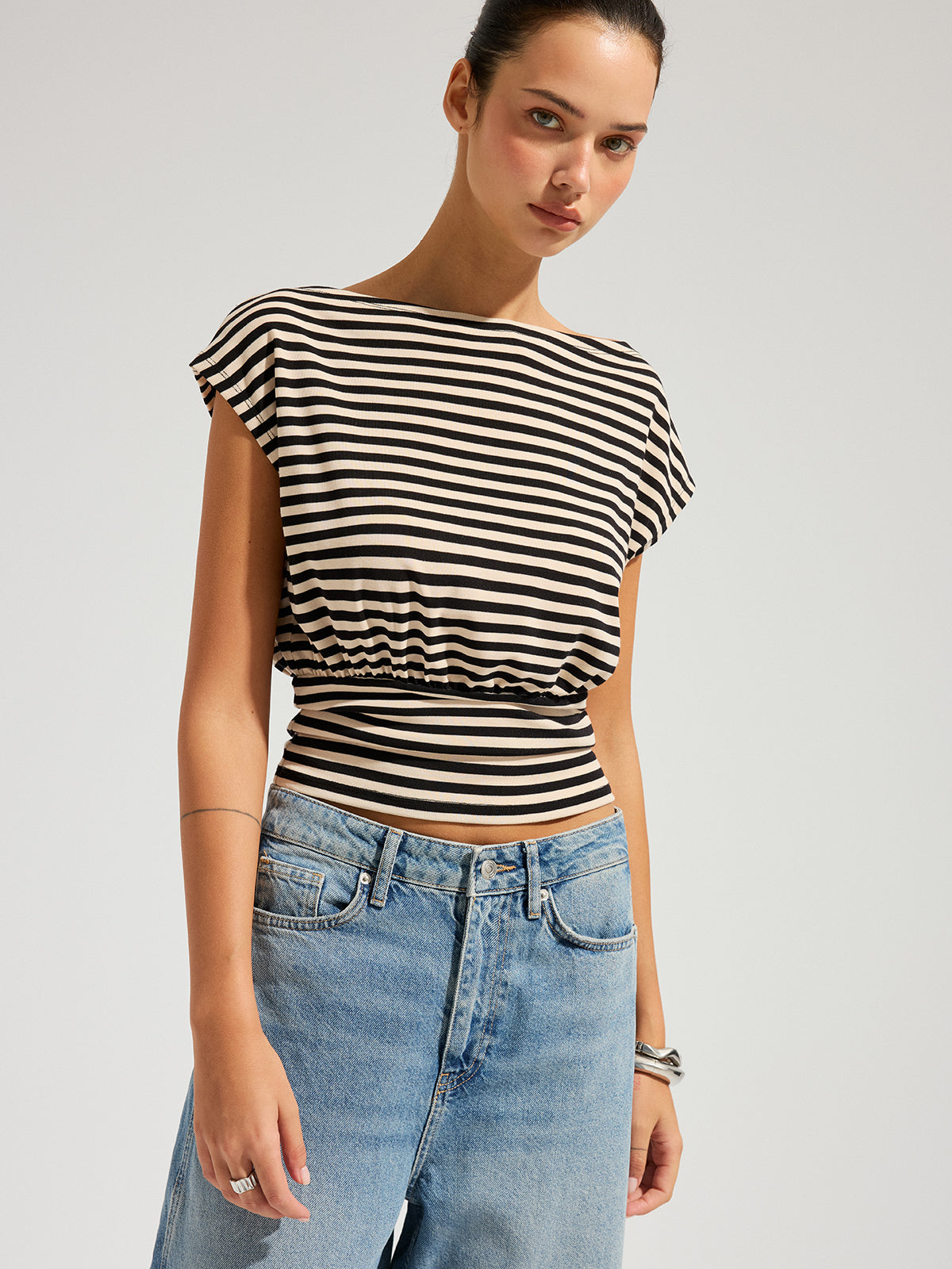 Striped Boat Neck Cinched Waist Top with 3/4 Sleeves and Stretch Fit