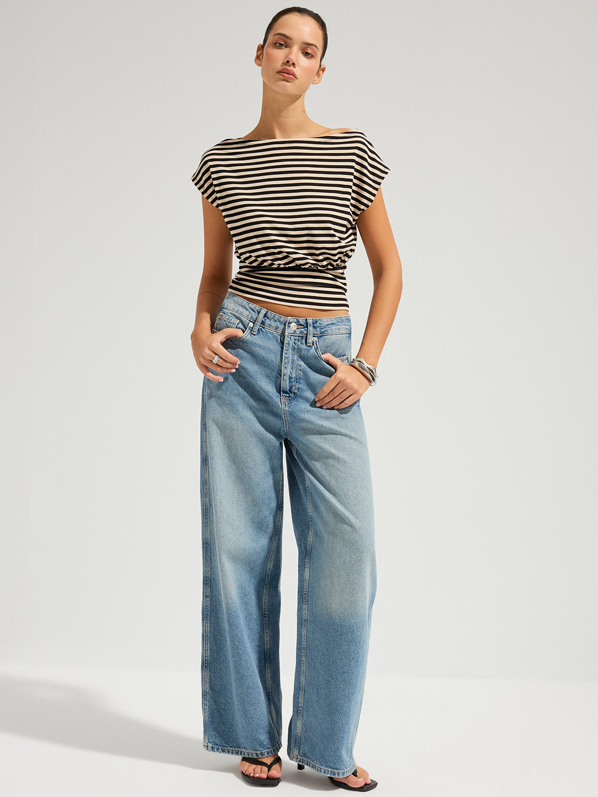Striped Boat Neck Cinched Waist Top with 3/4 Sleeves and Stretch Fit