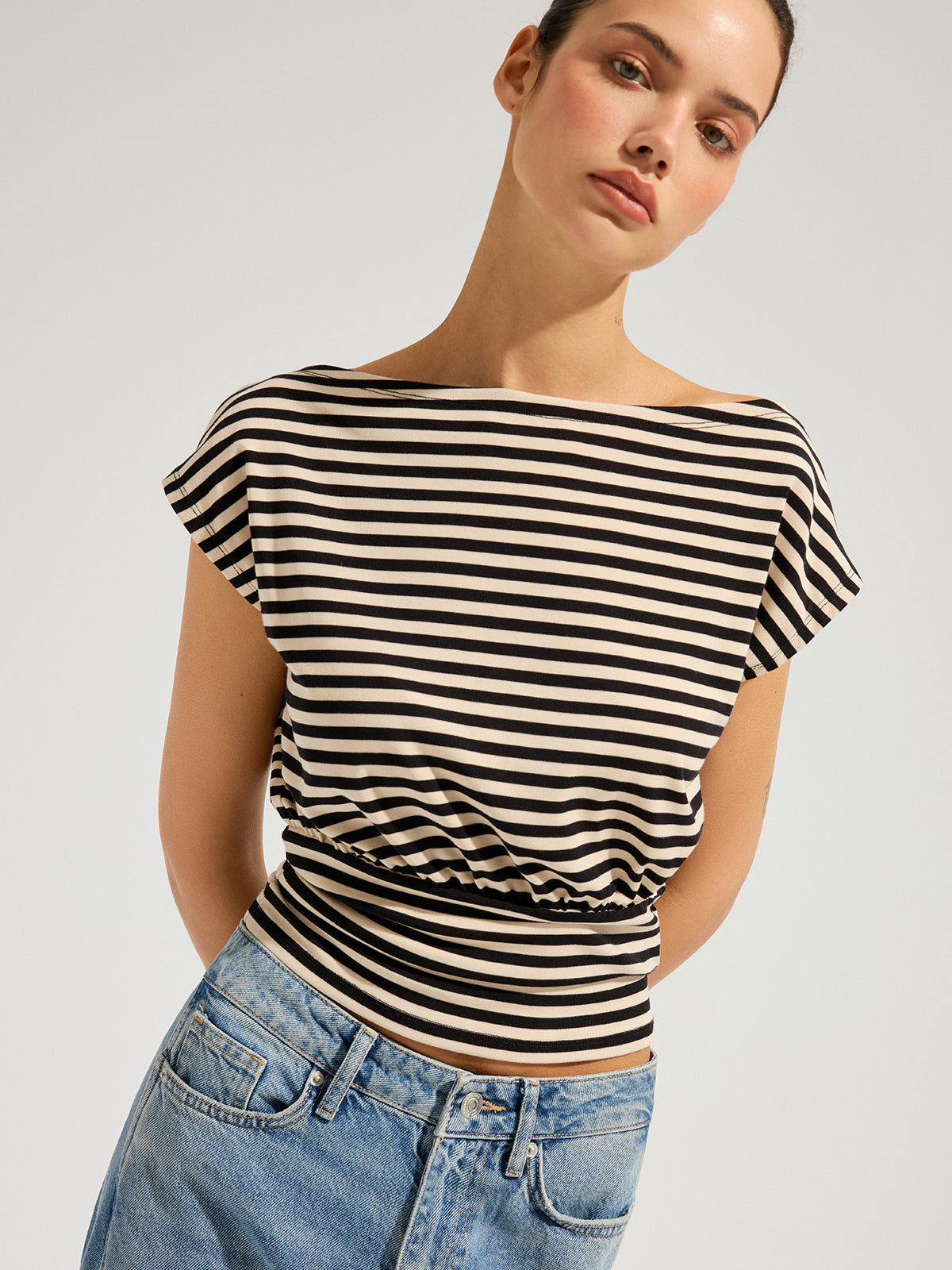 Striped Boat Neck Cinched Waist Top with 3/4 Sleeves and Stretch Fit