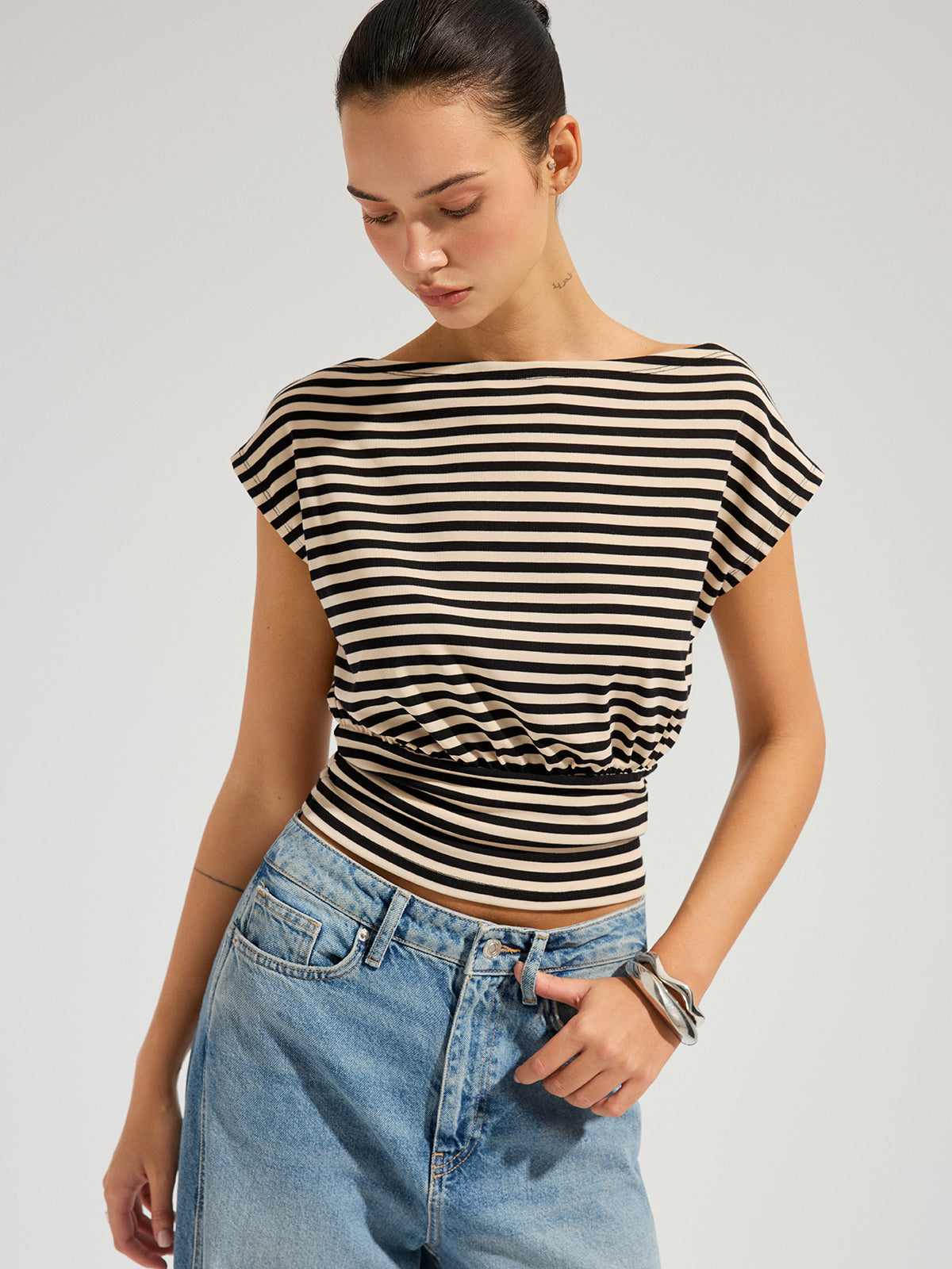 Striped Boat Neck Cinched Waist Top with 3/4 Sleeves and Stretch Fit