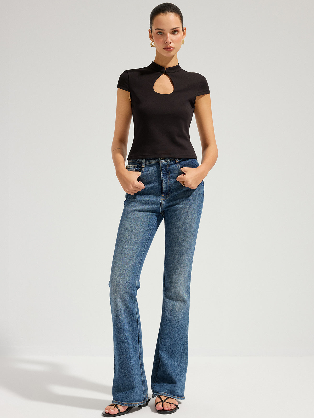 Mandarin Collar Keyhole Short Sleeve Top Women Fashion Trend 2023