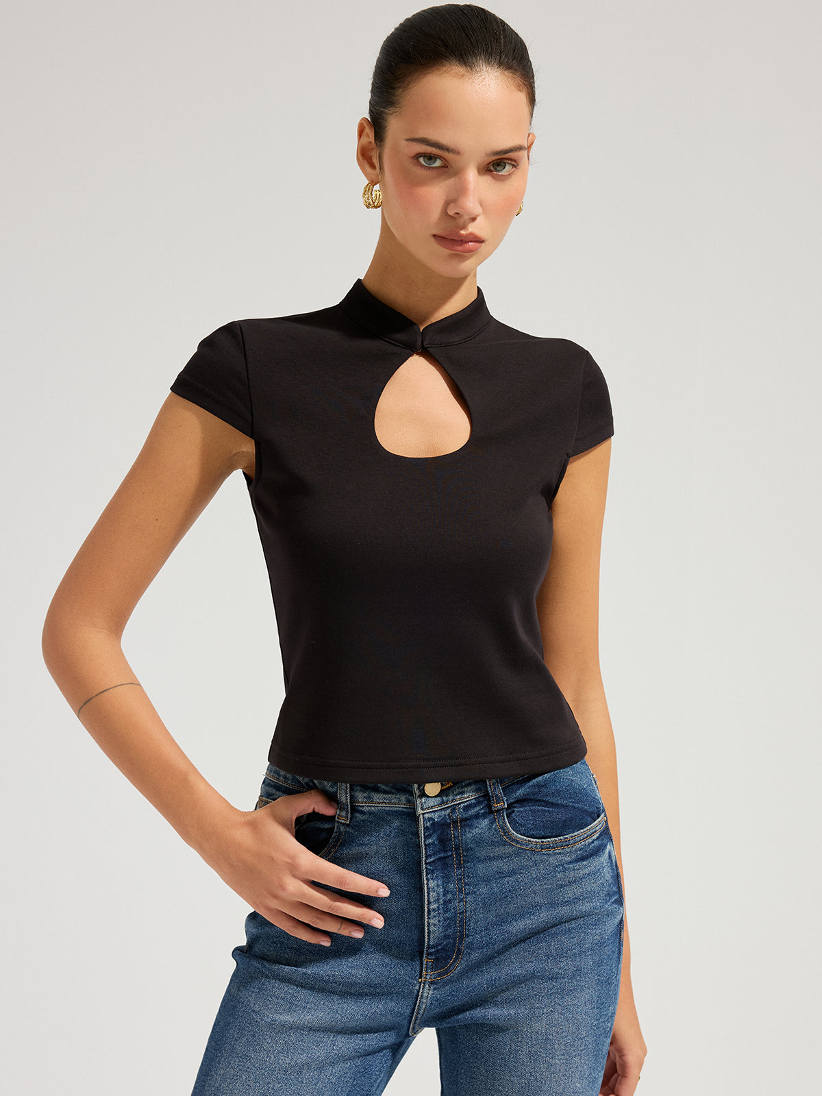 Mandarin Collar Keyhole Short Sleeve Top Women Fashion Trend 2023