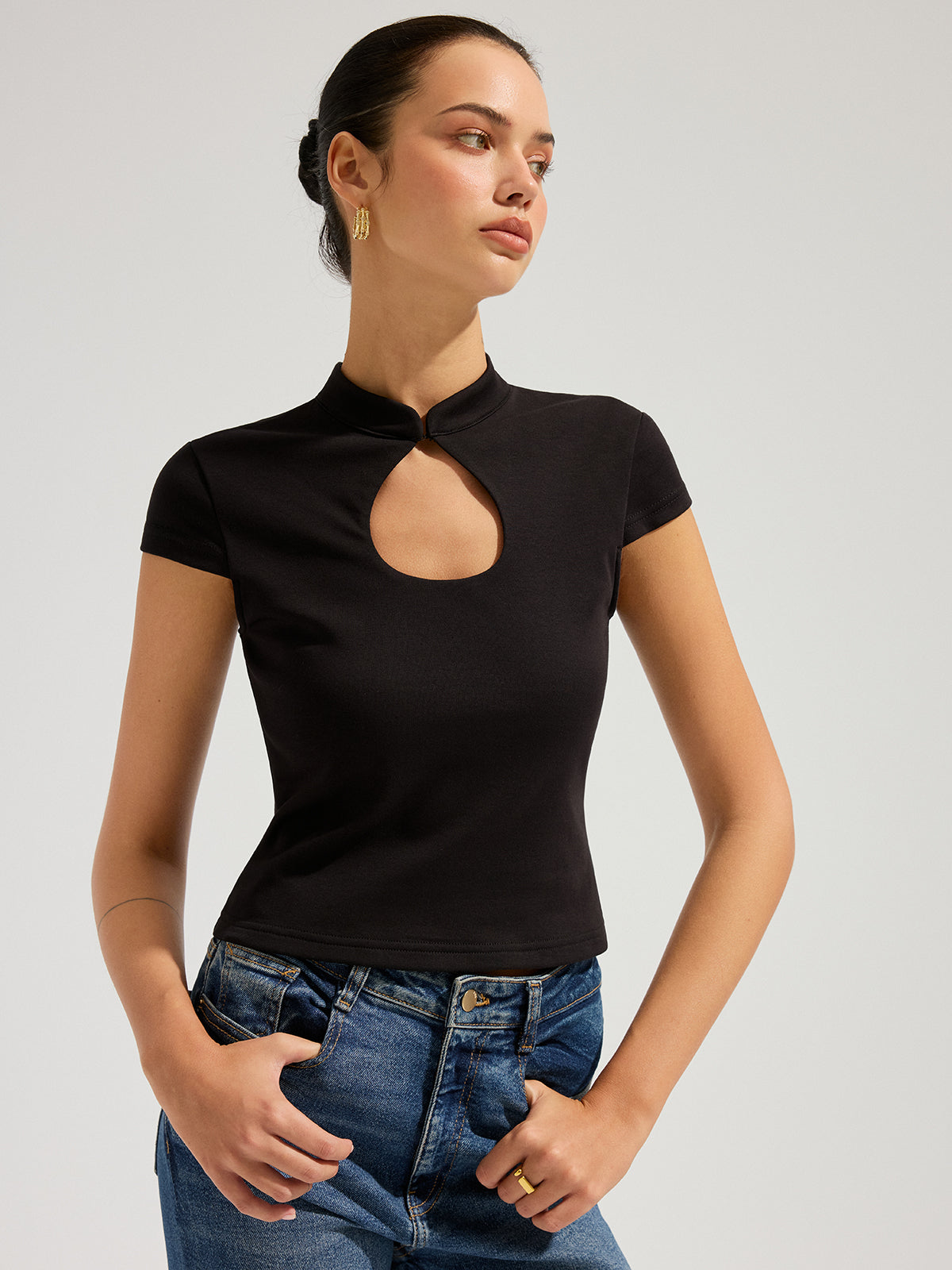 Mandarin Collar Keyhole Short Sleeve Top Women Fashion Trend 2023